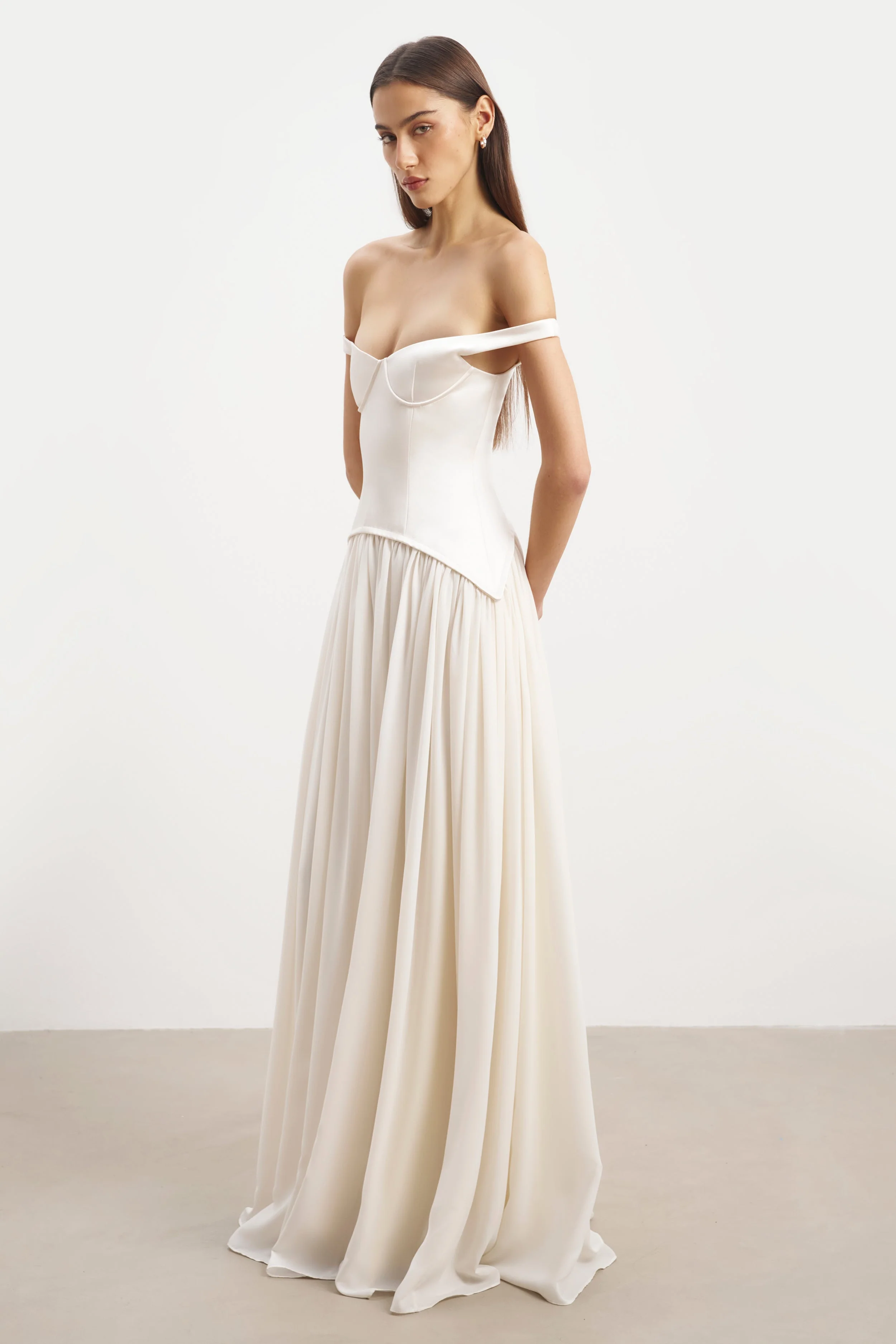 Satin Corset Off Shoulder Gown - Cream - Image 6