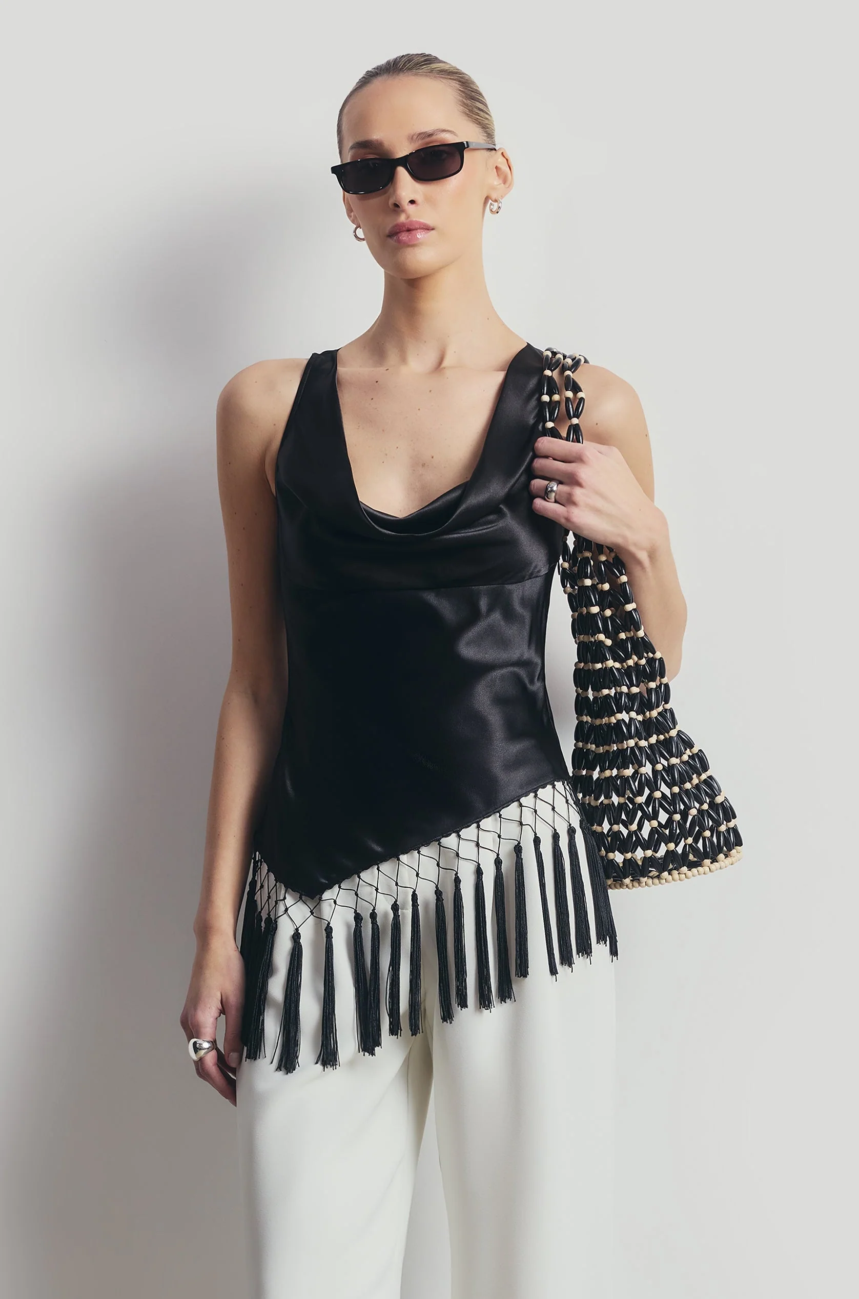 Satin Cowl Neck Tassel Hem Top - Black - Image 5