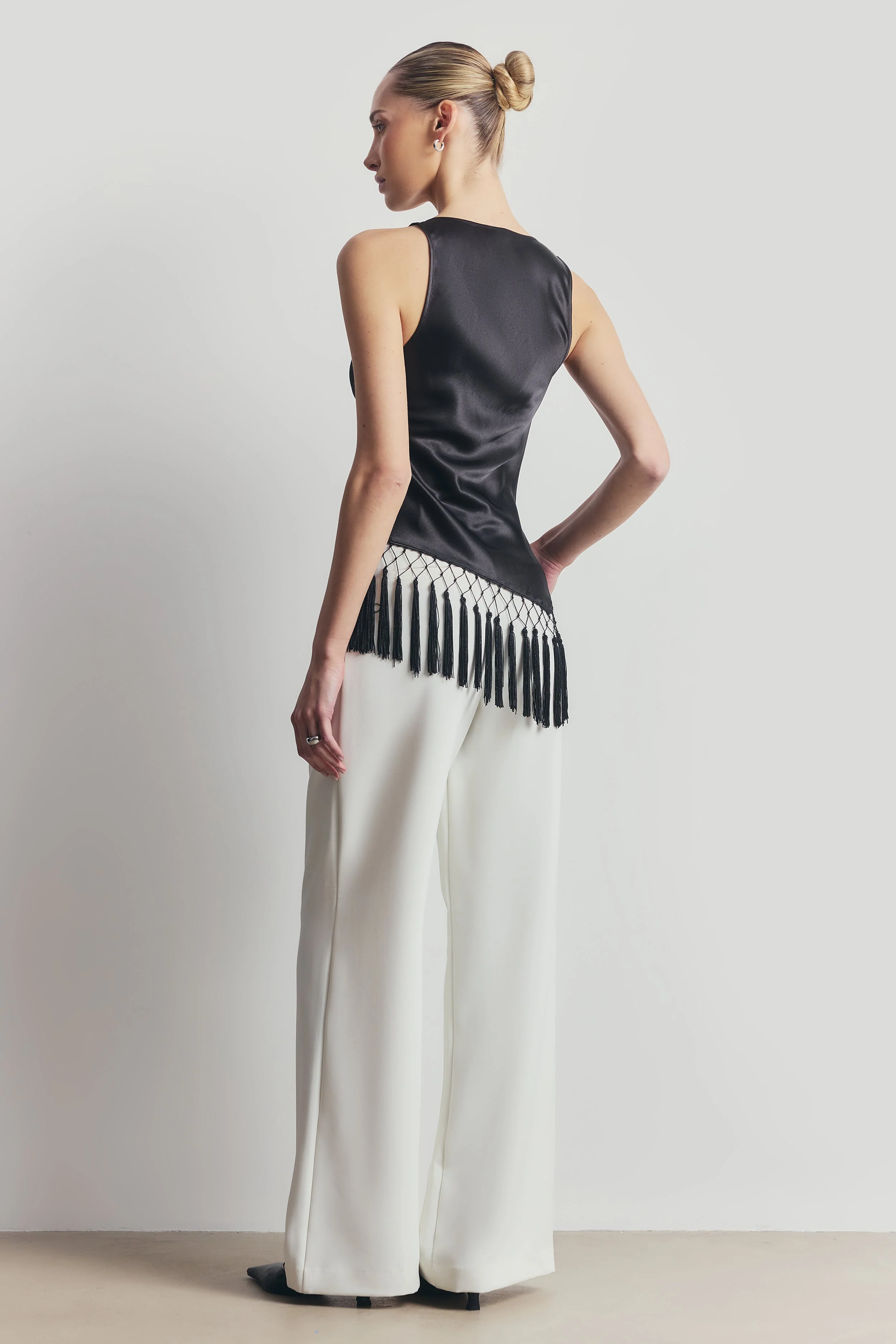 Satin Cowl Neck Tassel Hem Top - Black - Image 7