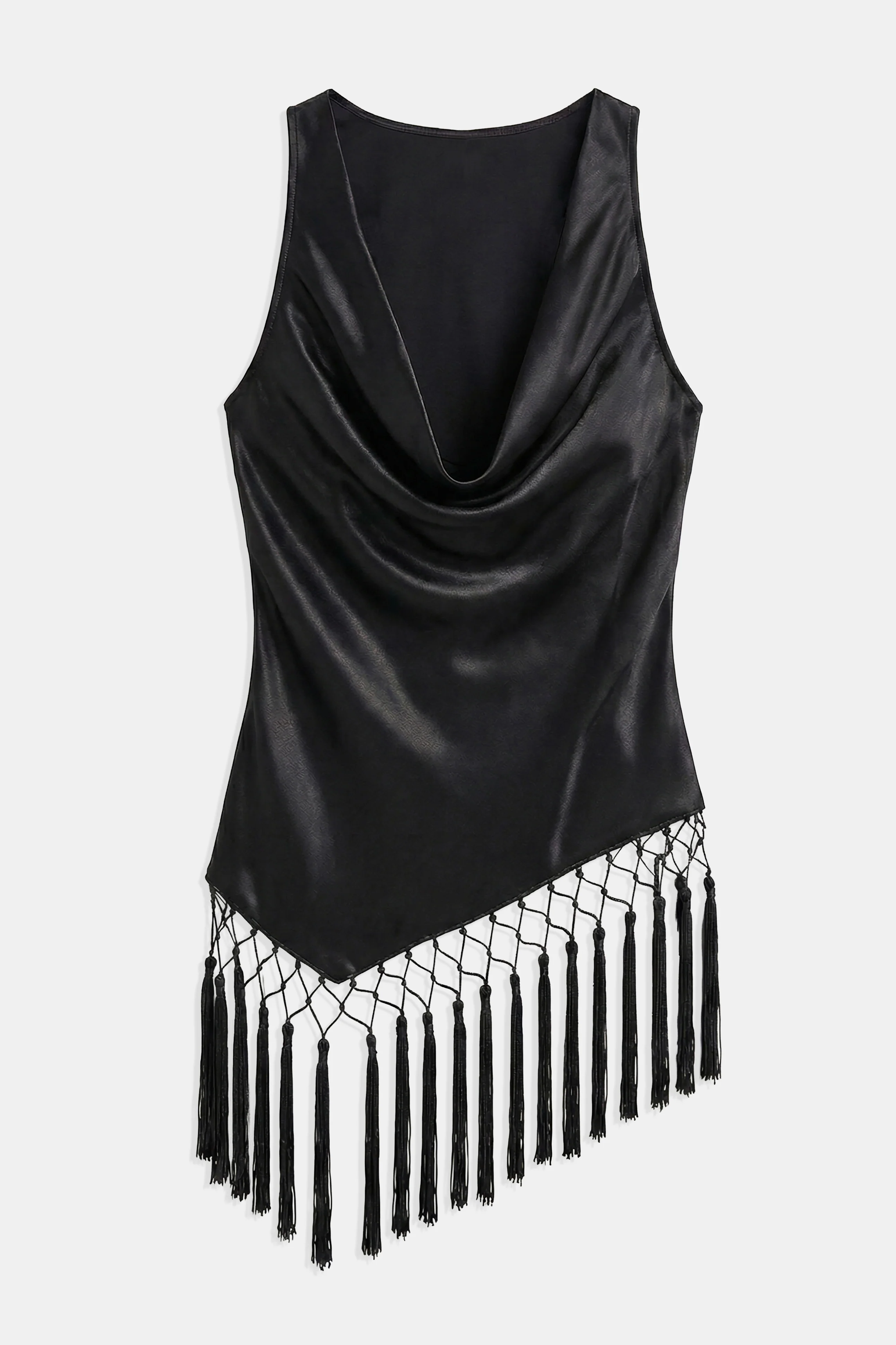 Satin Cowl Neck Tassel Hem Top - Black - Image 8