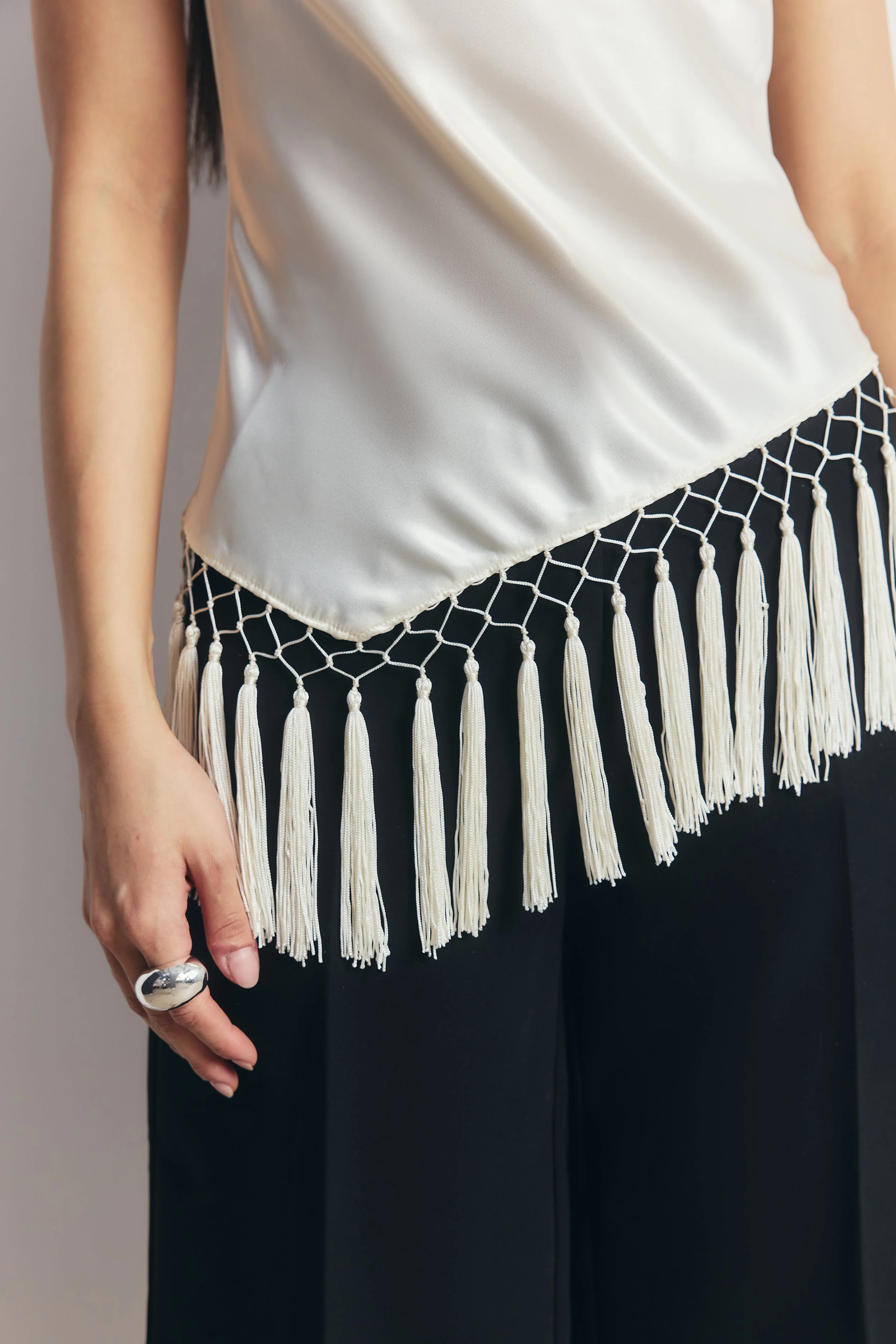 Satin Cowl Neck Tassel Hem Top - Cream - Image 5