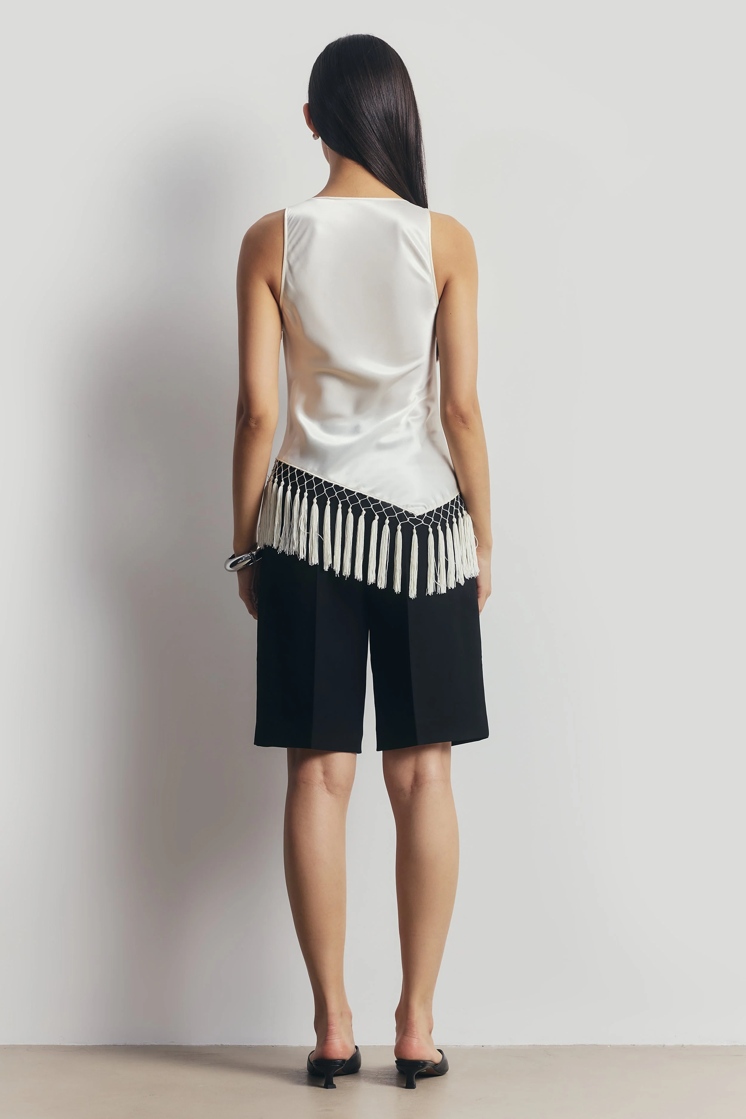 Satin Cowl Neck Tassel Hem Top - Cream - Image 8