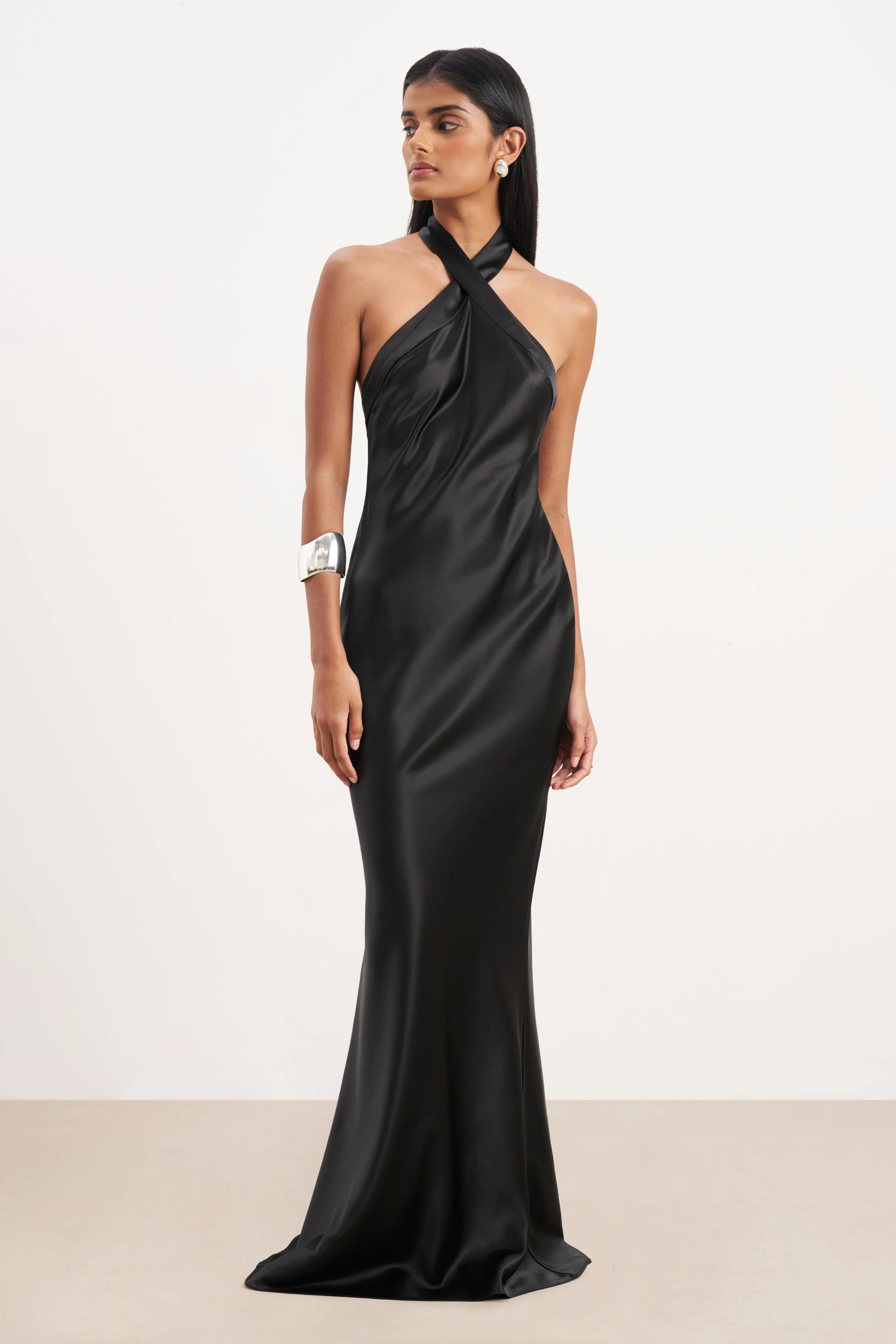 Satin Cross Strap Halter Gown - Black - Image 3