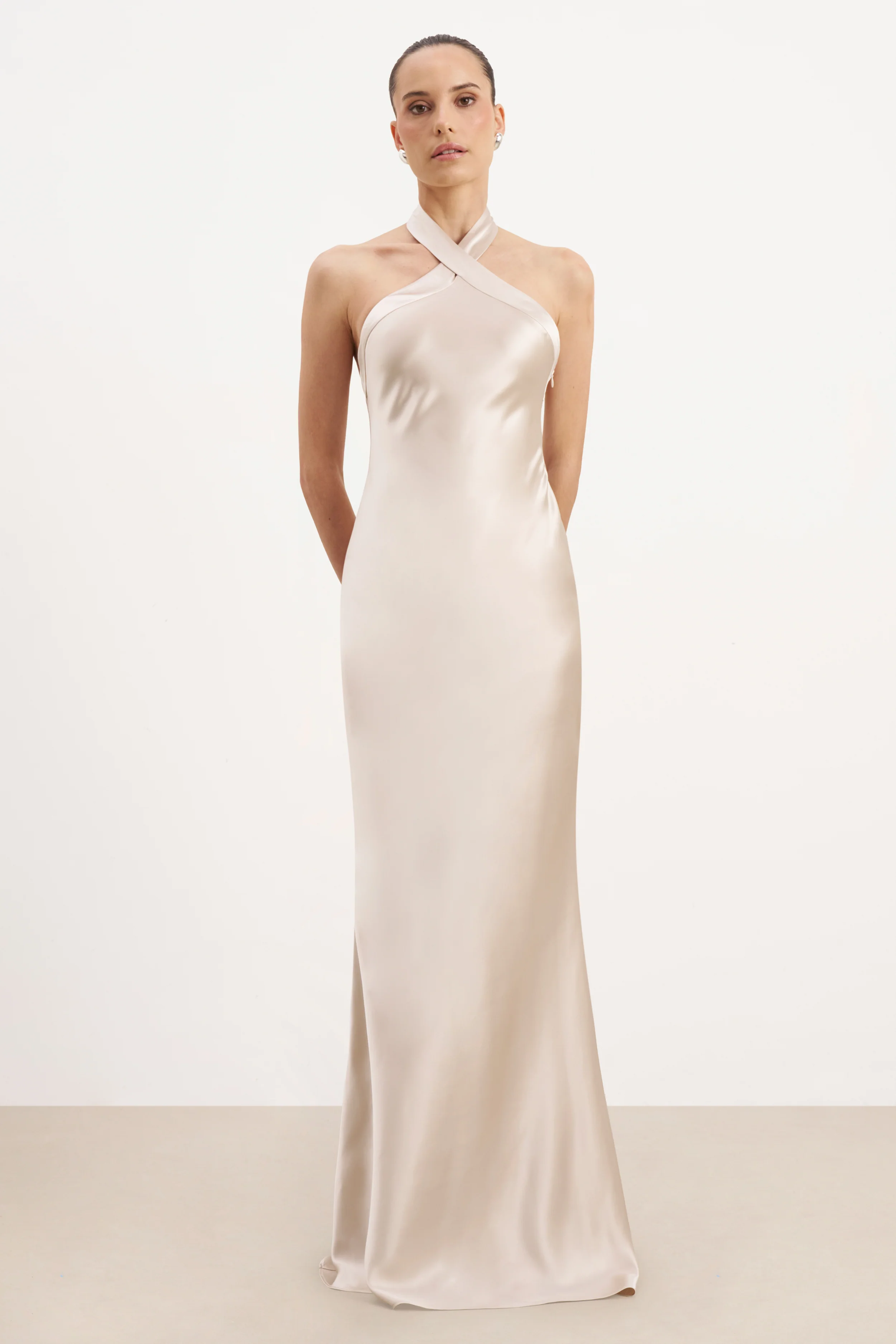 Satin Cross Strap Halter Gown - Champagne - Image 3