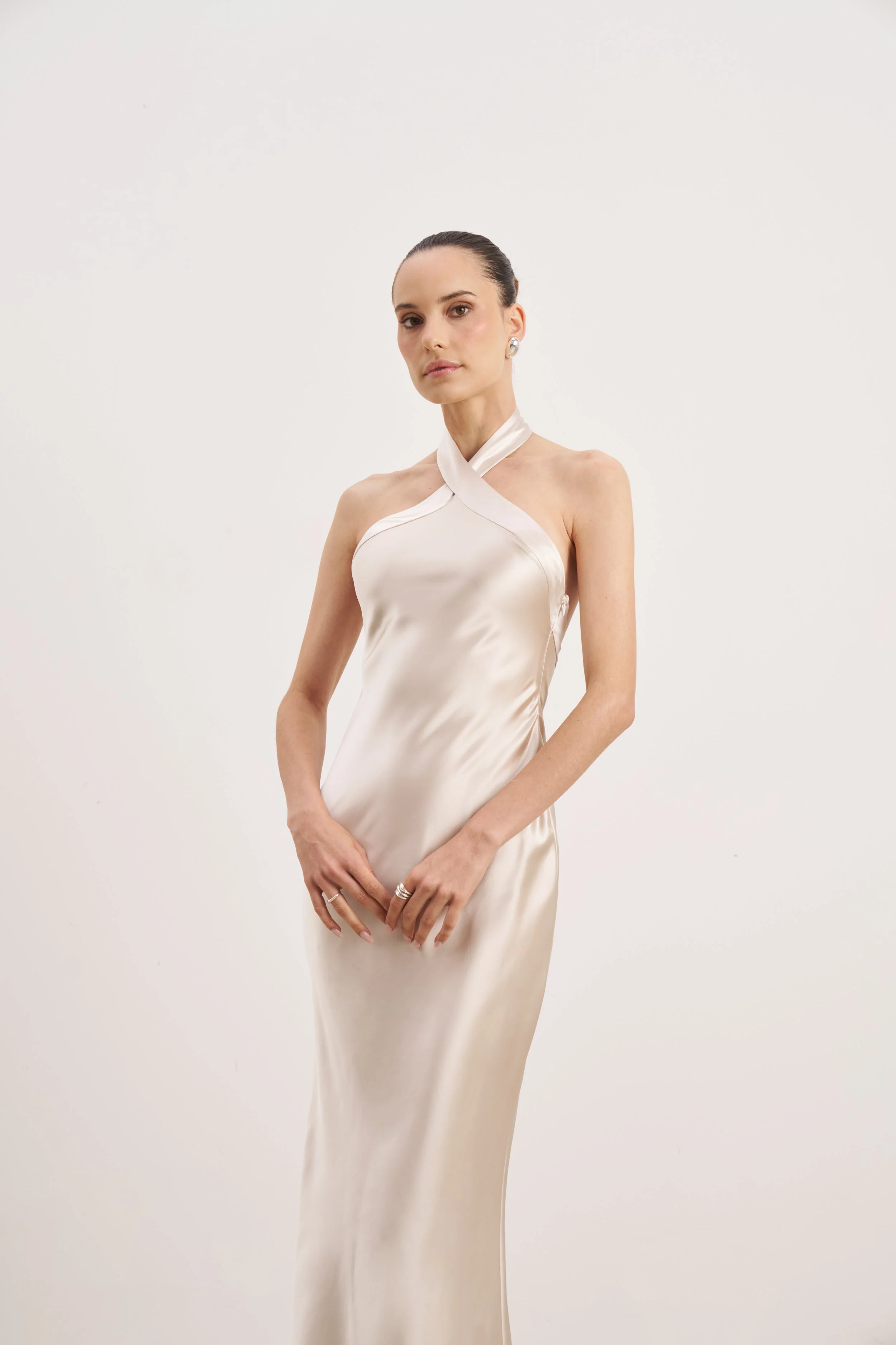 Satin Cross Strap Halter Gown - Champagne - Image 4