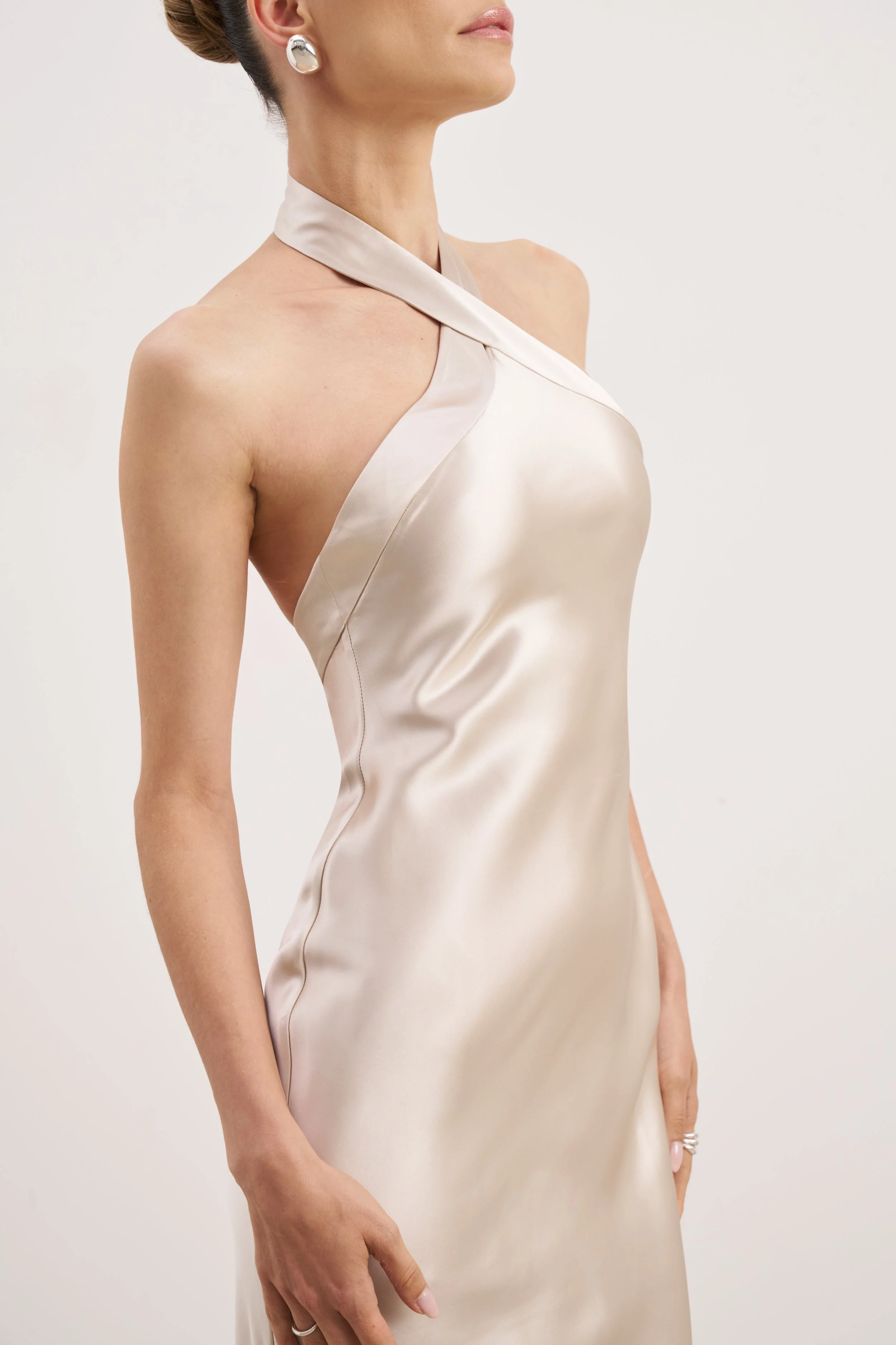 Satin Cross Strap Halter Gown - Champagne - Image 5