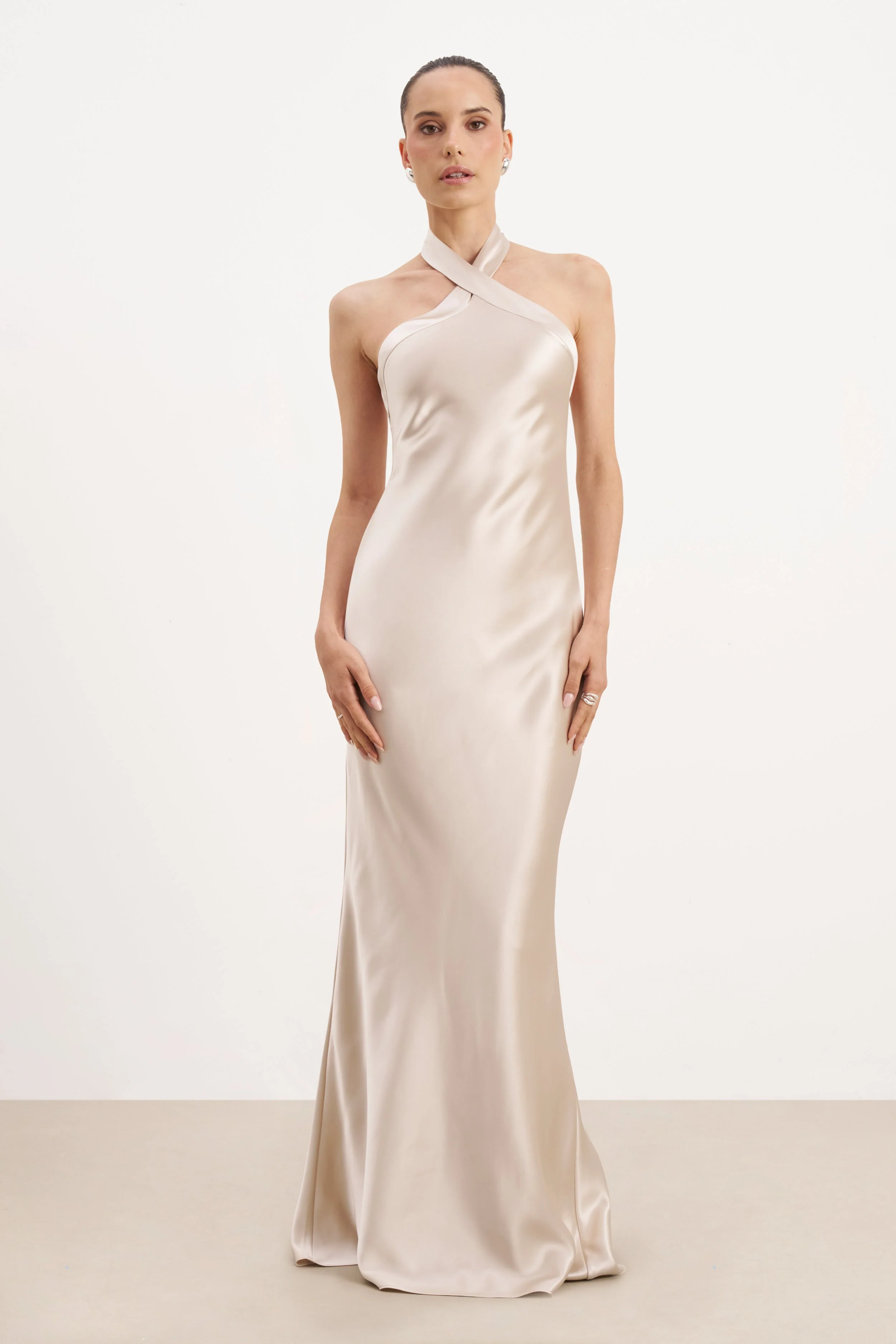 Satin Cross Strap Halter Gown - Champagne - Image 6