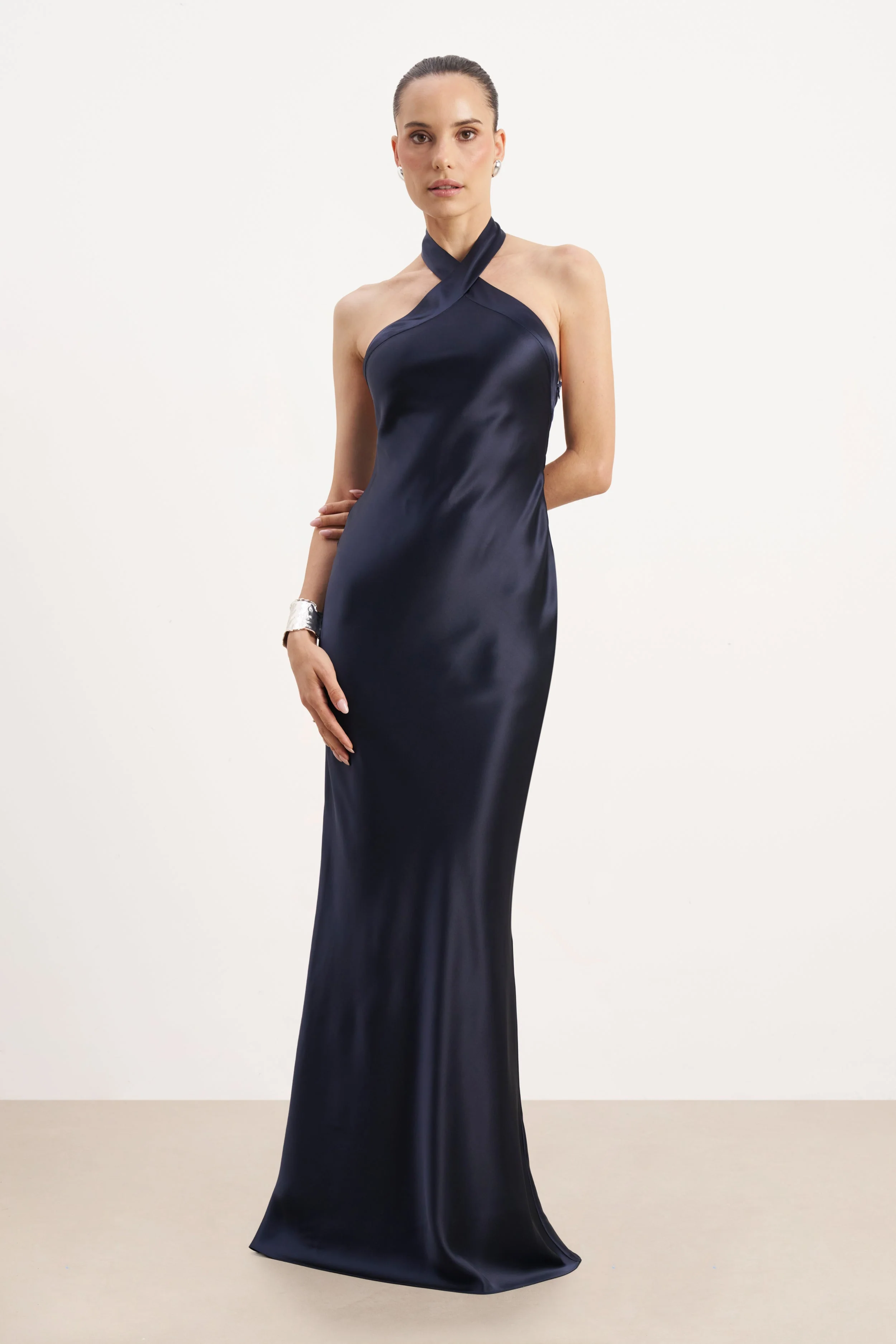 Satin Cross Strap Halter Gown - Navy - Image 3