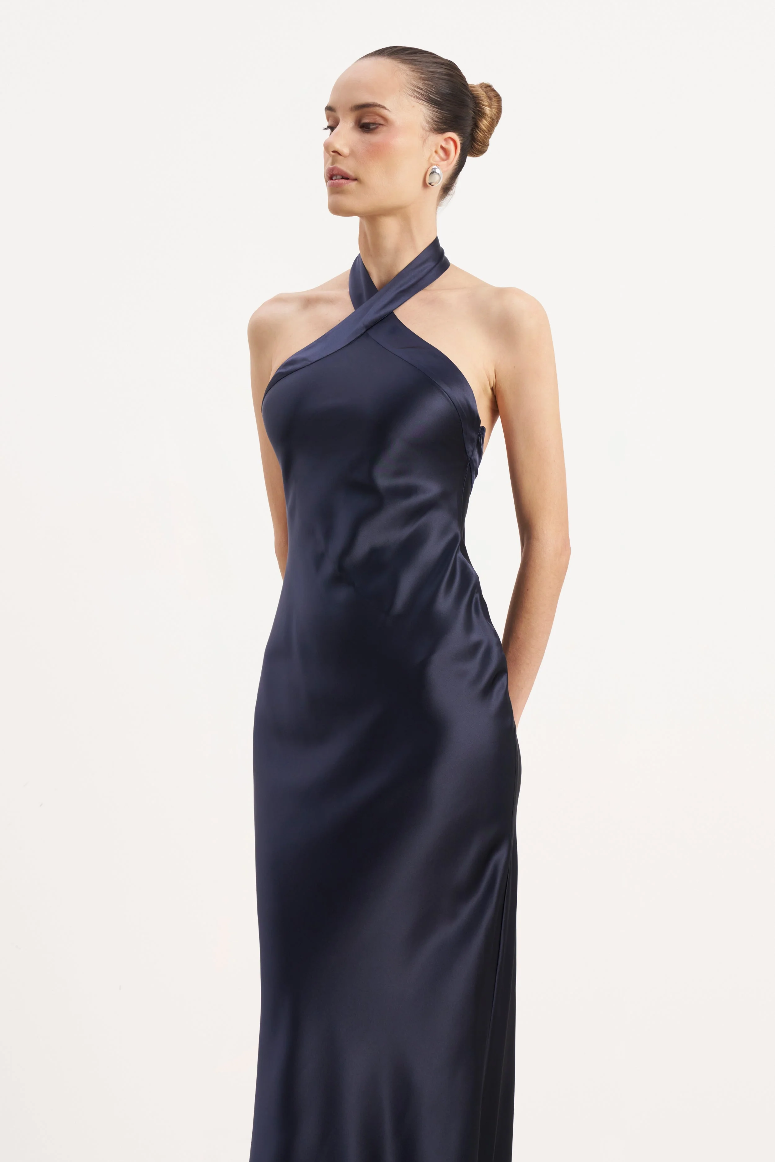 Satin Cross Strap Halter Gown - Navy - Image 4