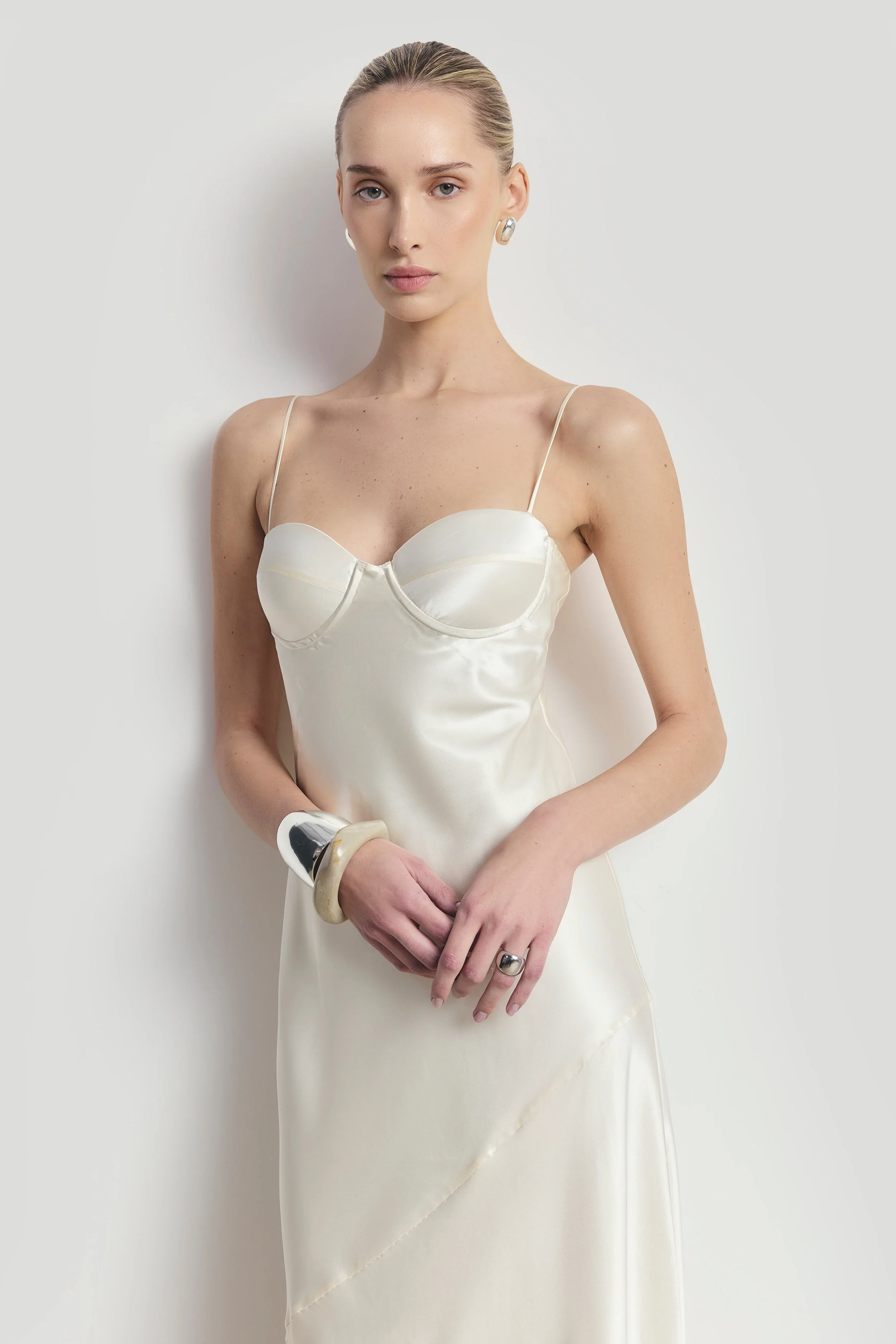 Satin Cup Detail Slip Dress - Cream - Image 3