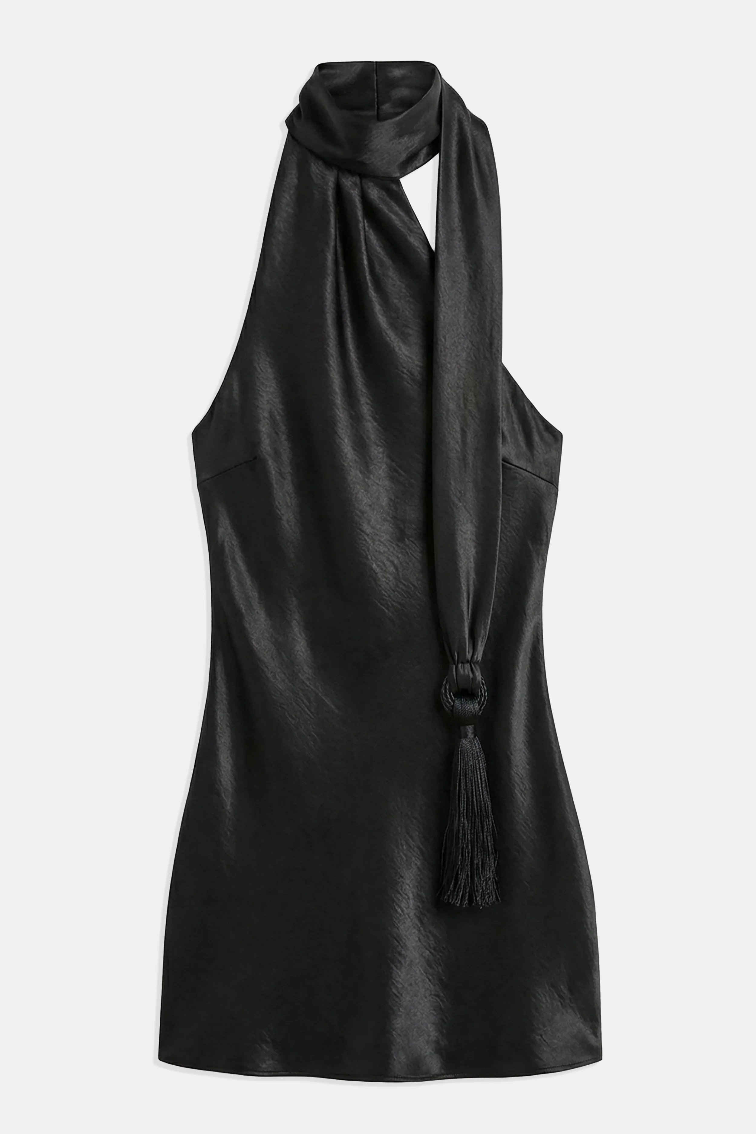 Satin Halterneck Scarf Mini Dress with Tassel - Black - Image 7