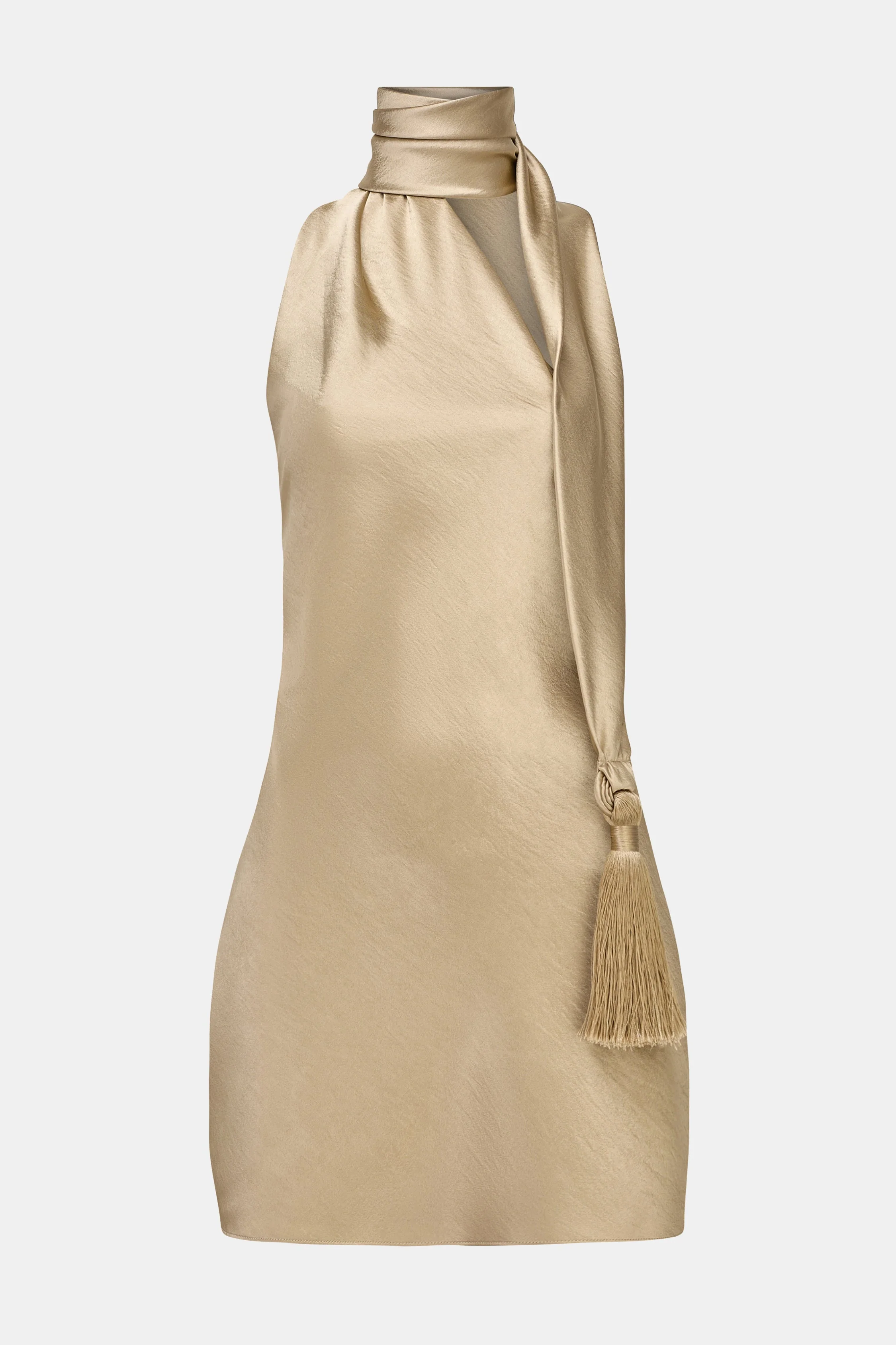 Satin Halterneck Scarf Mini Dress with Tassel - Bronze - Image 7