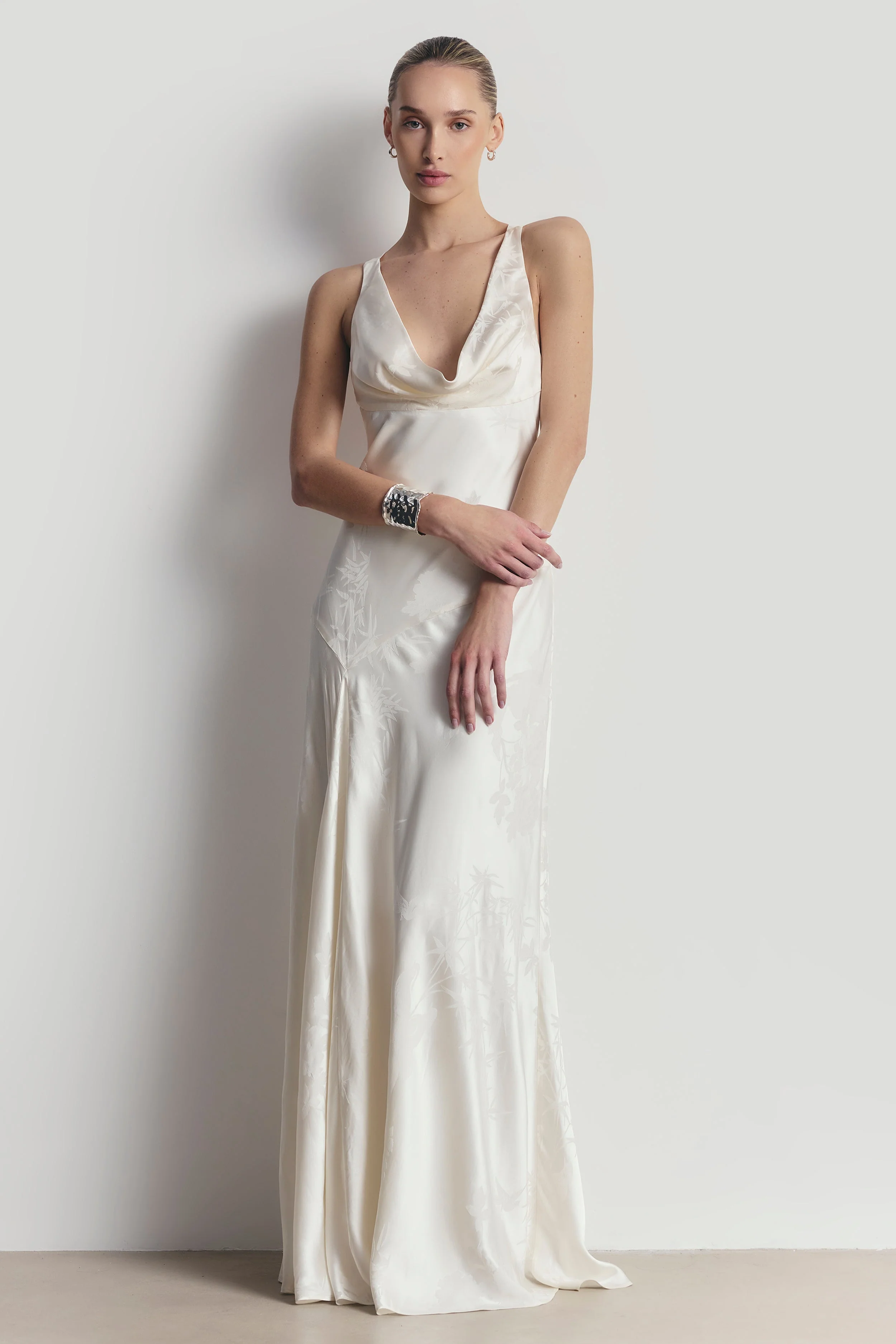 Satin Jacquard Asymmetric Panel Gown - Cream - Image 4