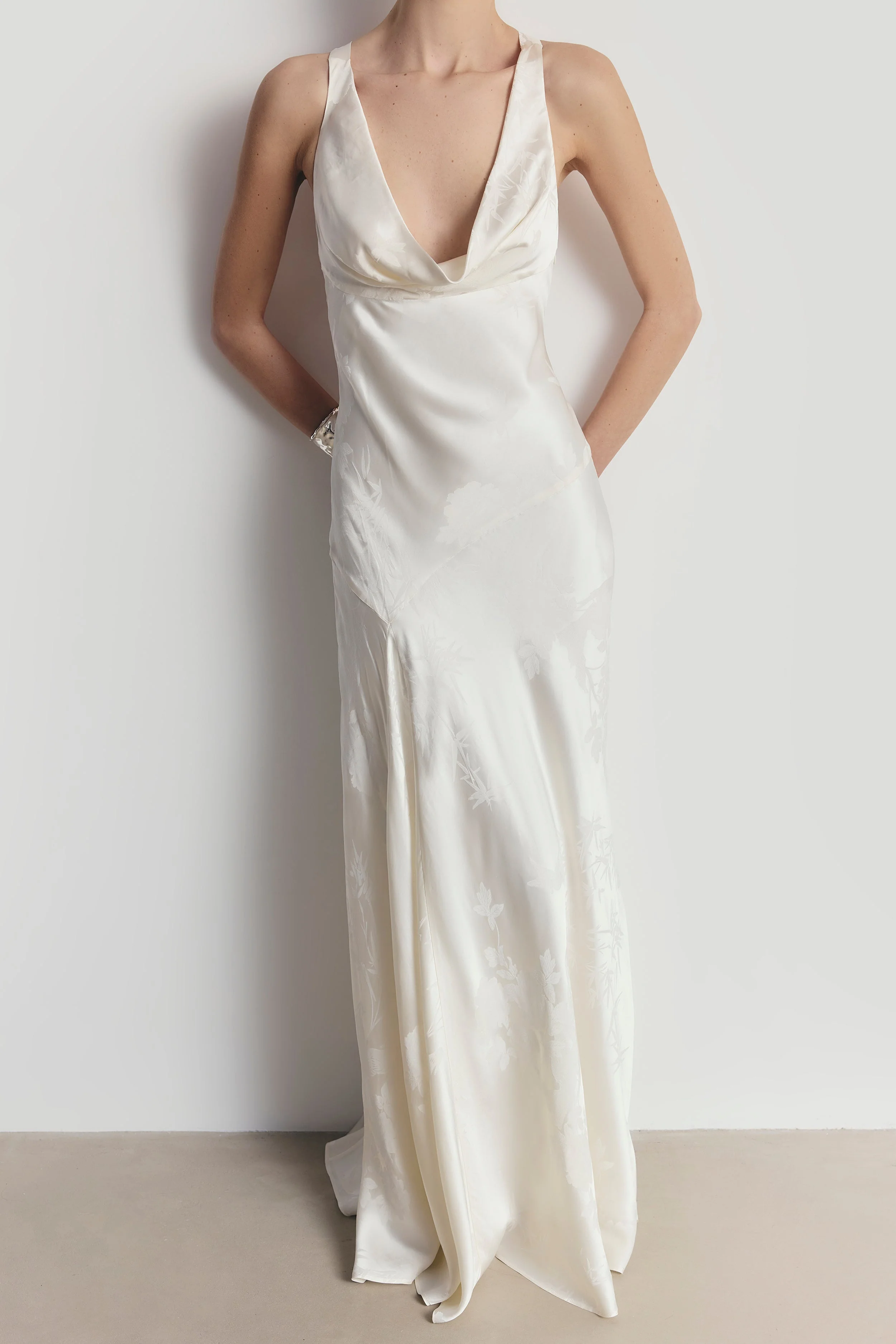 Satin Jacquard Asymmetric Panel Gown - Cream - Image 6