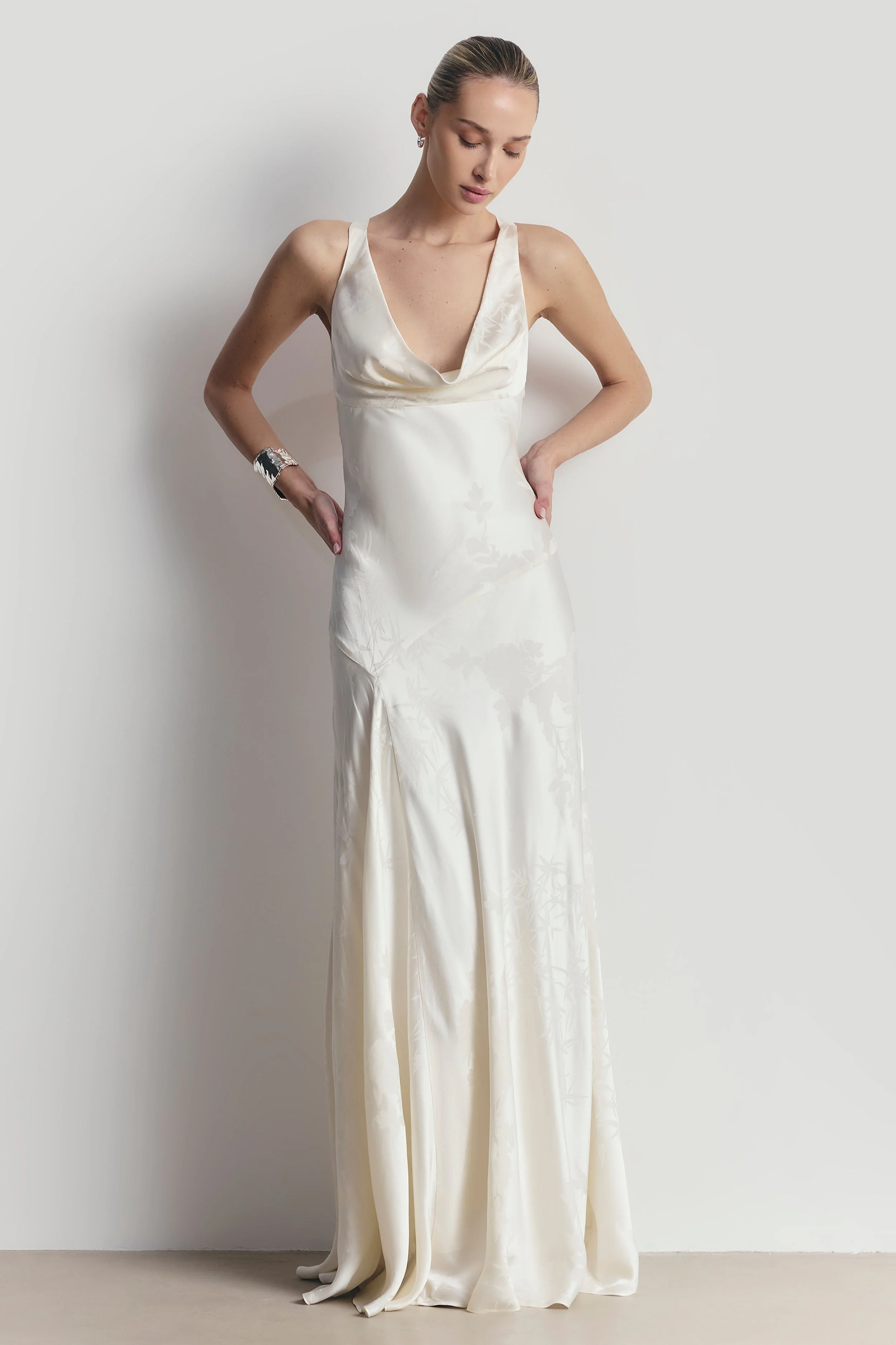 Satin Jacquard Asymmetric Panel Gown - Cream - Image 7