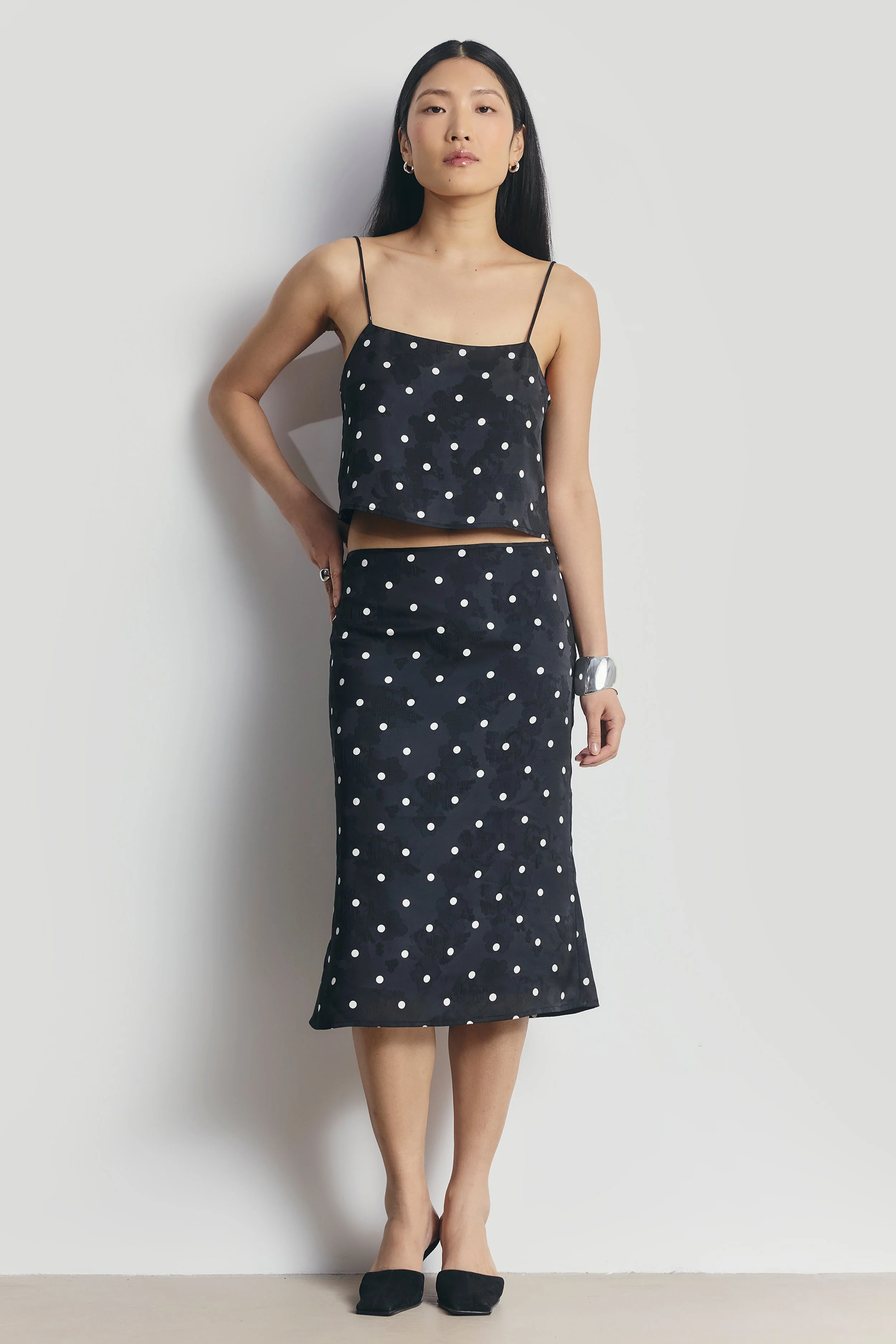 Satin Jacquard Polka Dot Midi Skirt - Black Polka Dot - Image 3