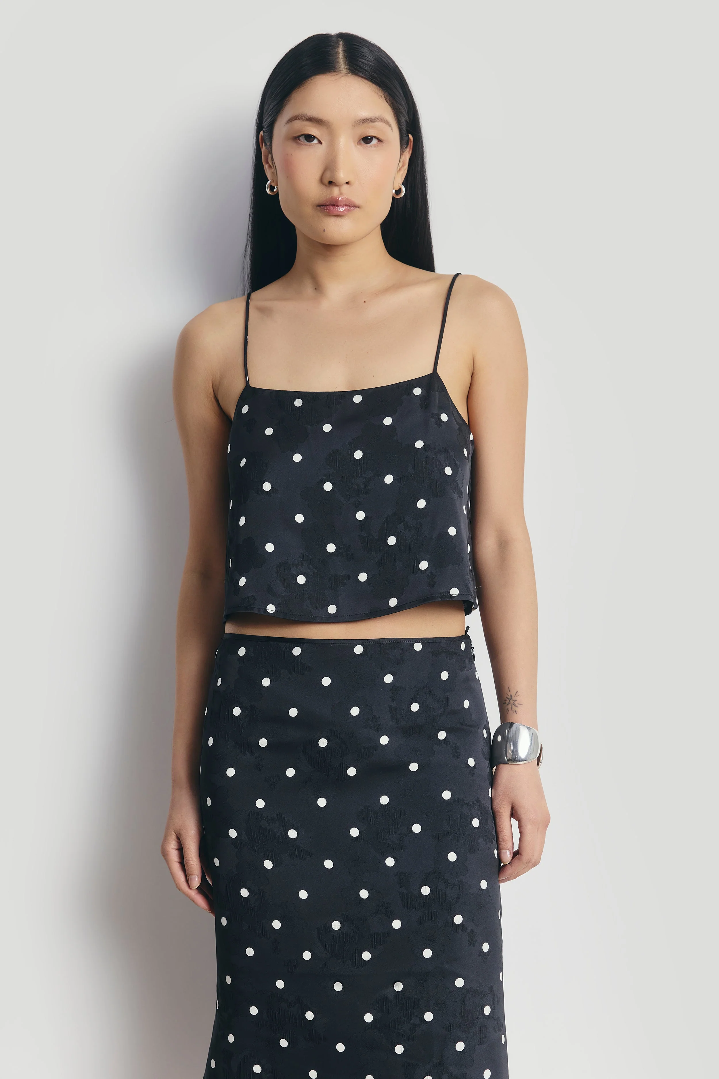 Satin Jacquard Polka Dot Midi Skirt - Black Polka Dot - Image 4