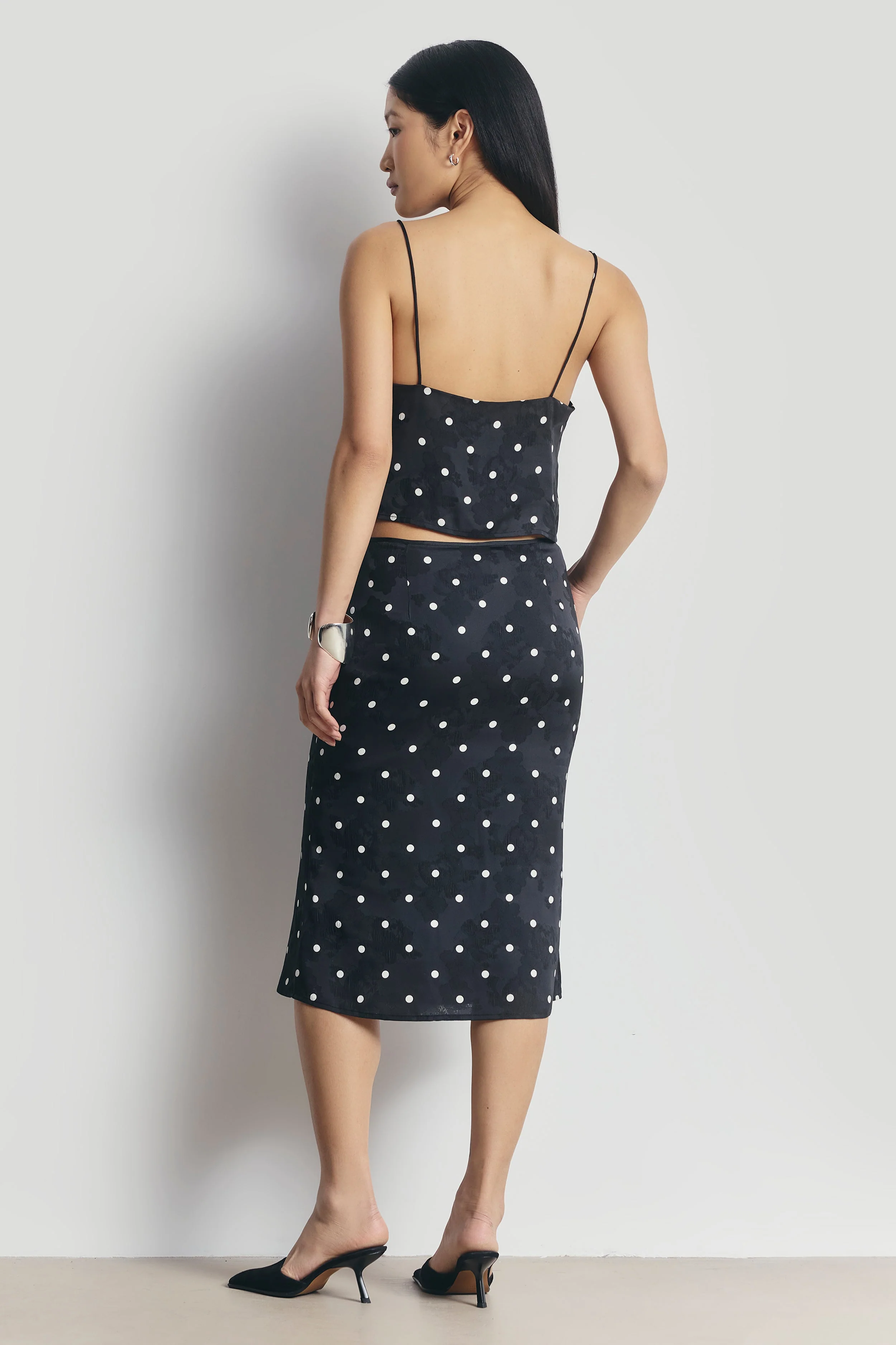 Satin Jacquard Polka Dot Midi Skirt - Black Polka Dot - Image 5
