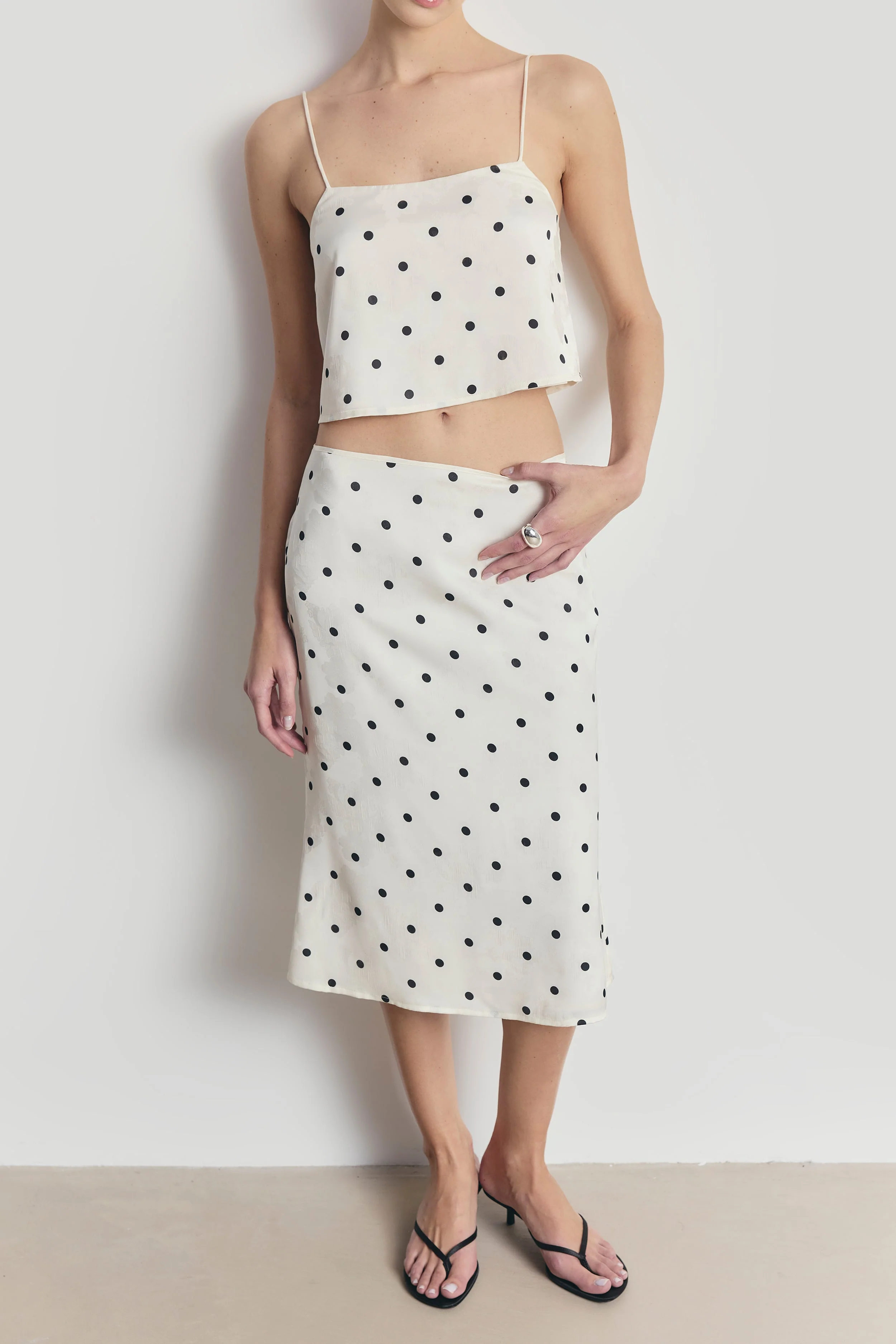 Satin Jacquard Polka Dot Midi Skirt - Cream Polka Dot - Image 3