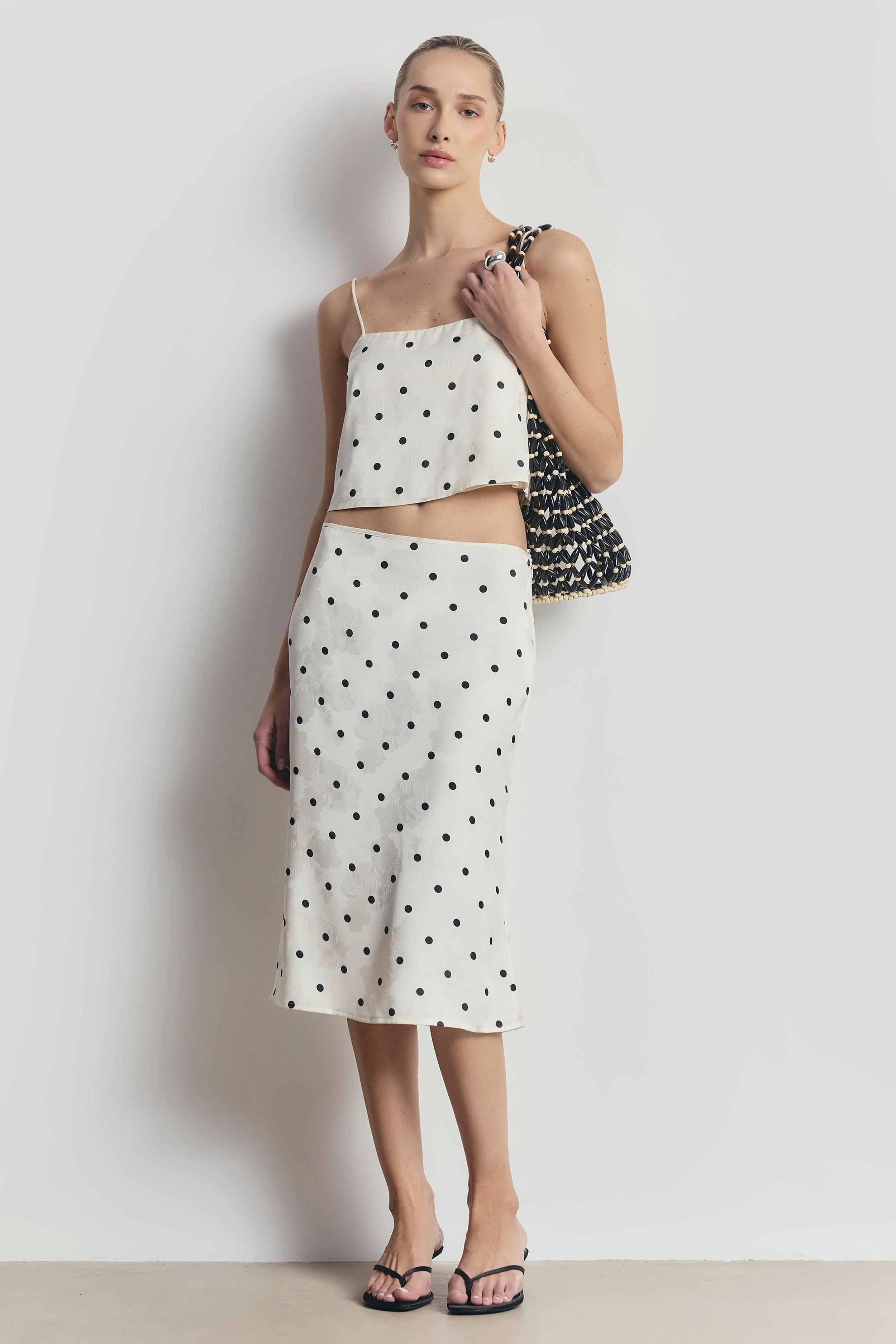 Satin Jacquard Polka Dot Midi Skirt - Cream Polka Dot - Image 4