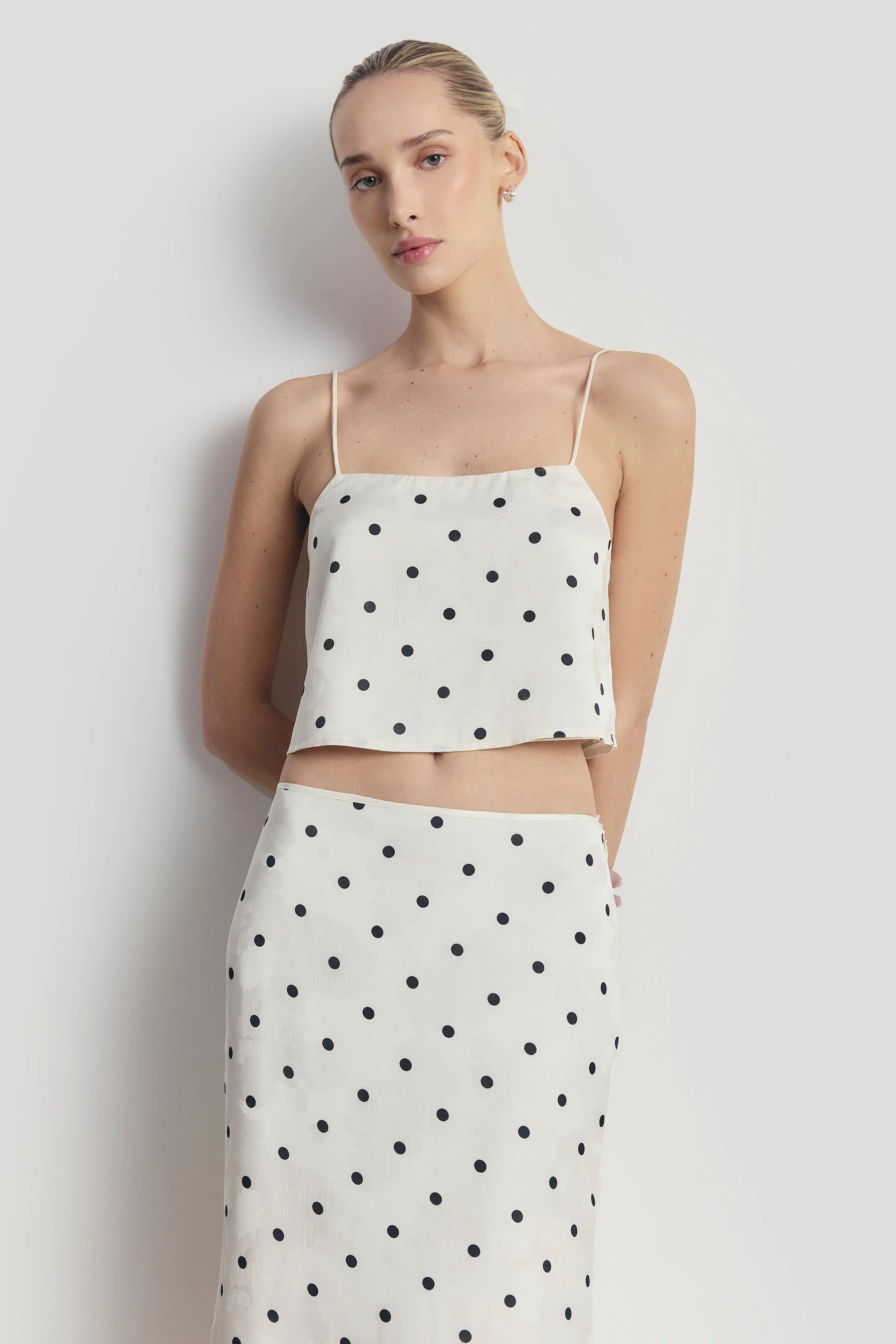 Satin Jacquard Polka Dot Midi Skirt - Cream Polka Dot - Image 6