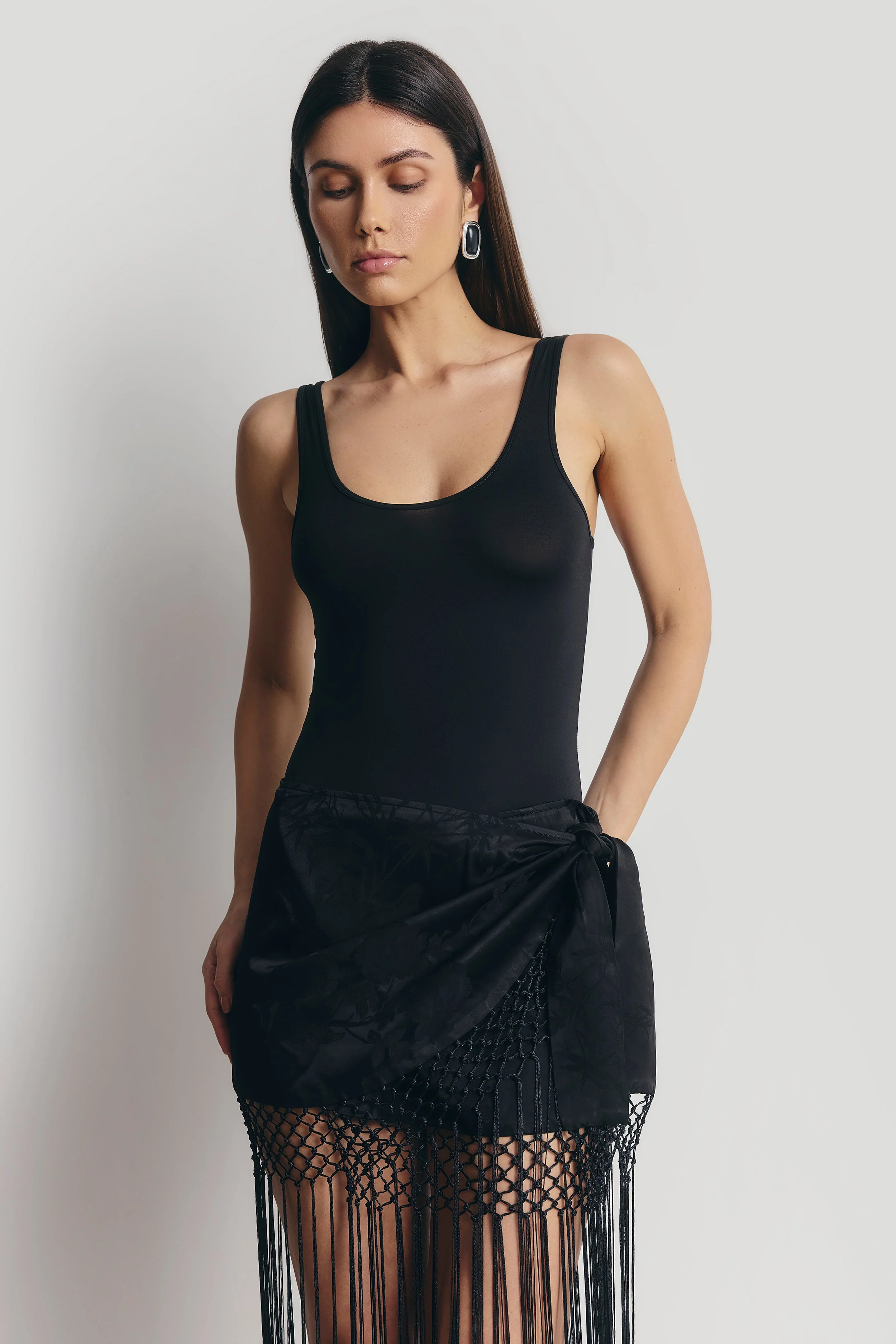 Satin Jacquard Sarong Midi Skirt with Fringing - Black - Image 5