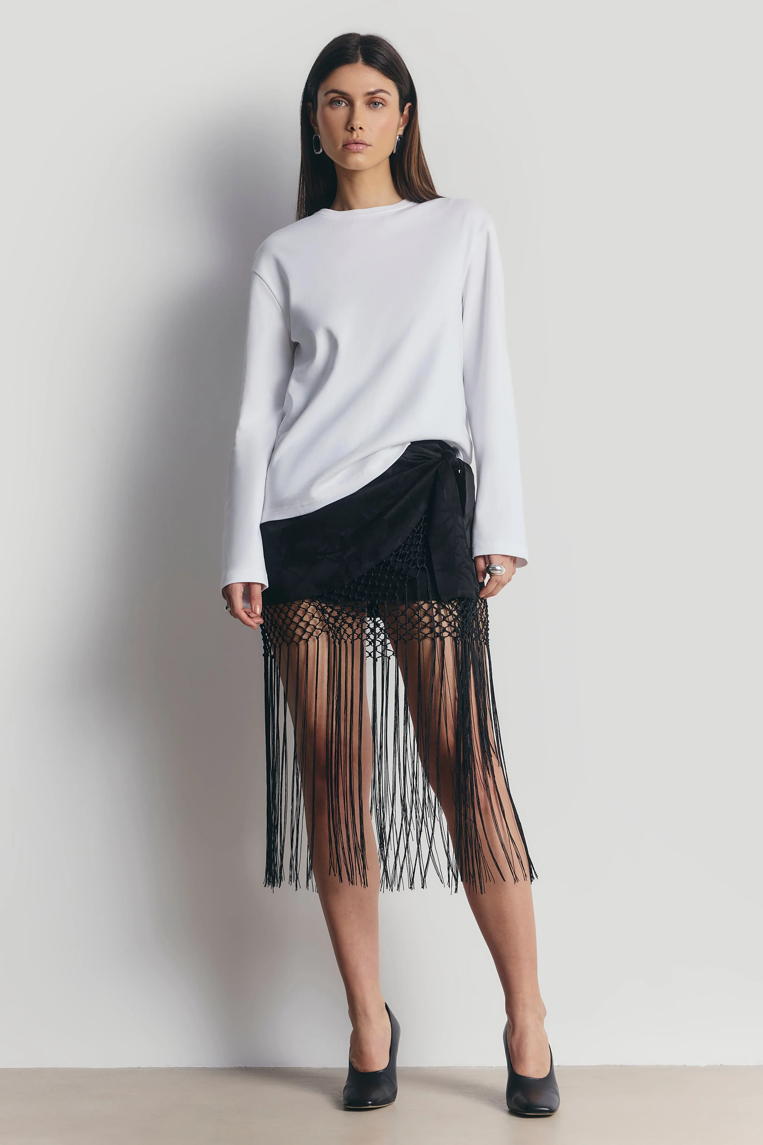 Satin Jacquard Sarong Midi Skirt with Fringing - Black - Image 7