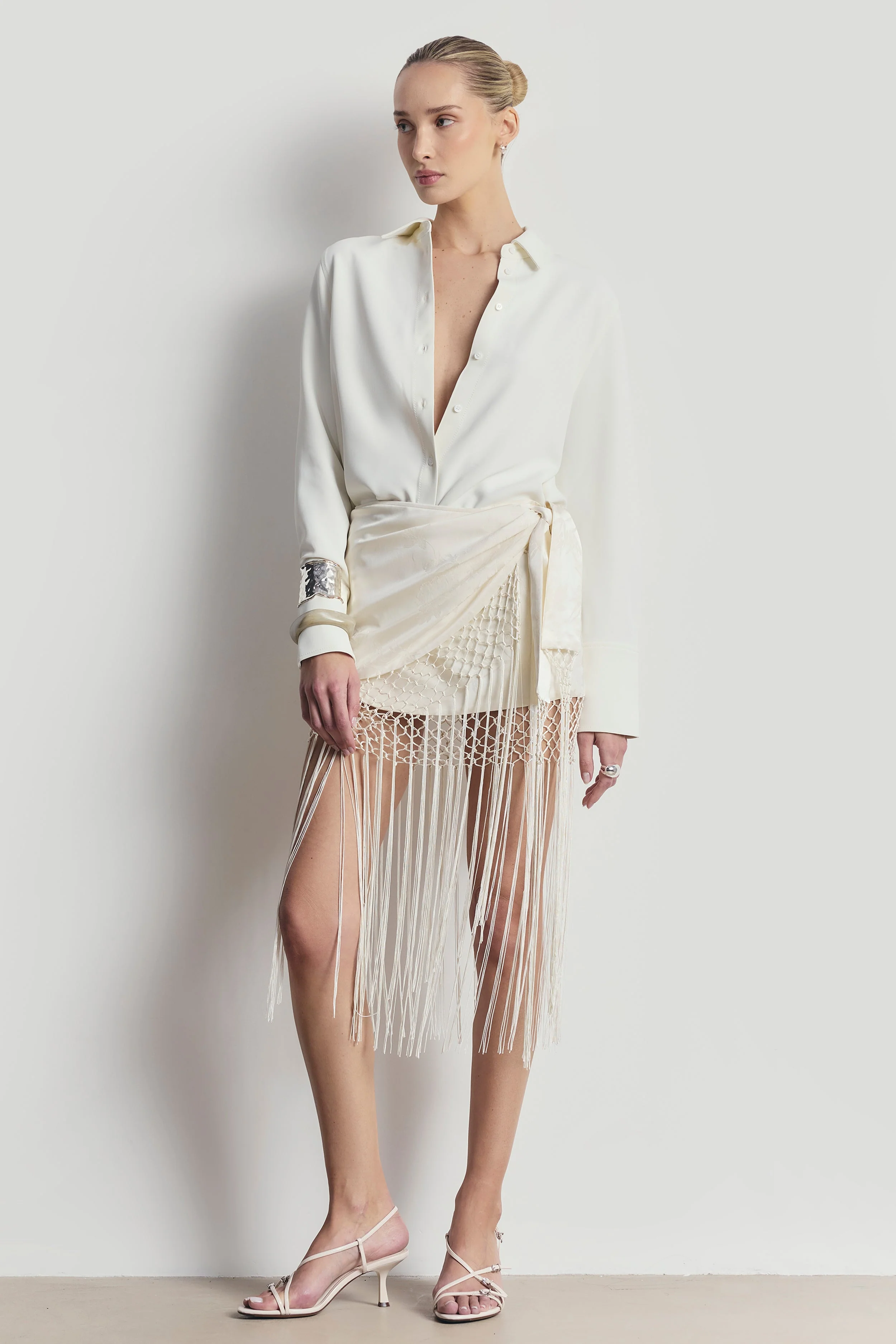 Satin Jacquard Sarong Midi Skirt with Fringing - Cream - Image 3
