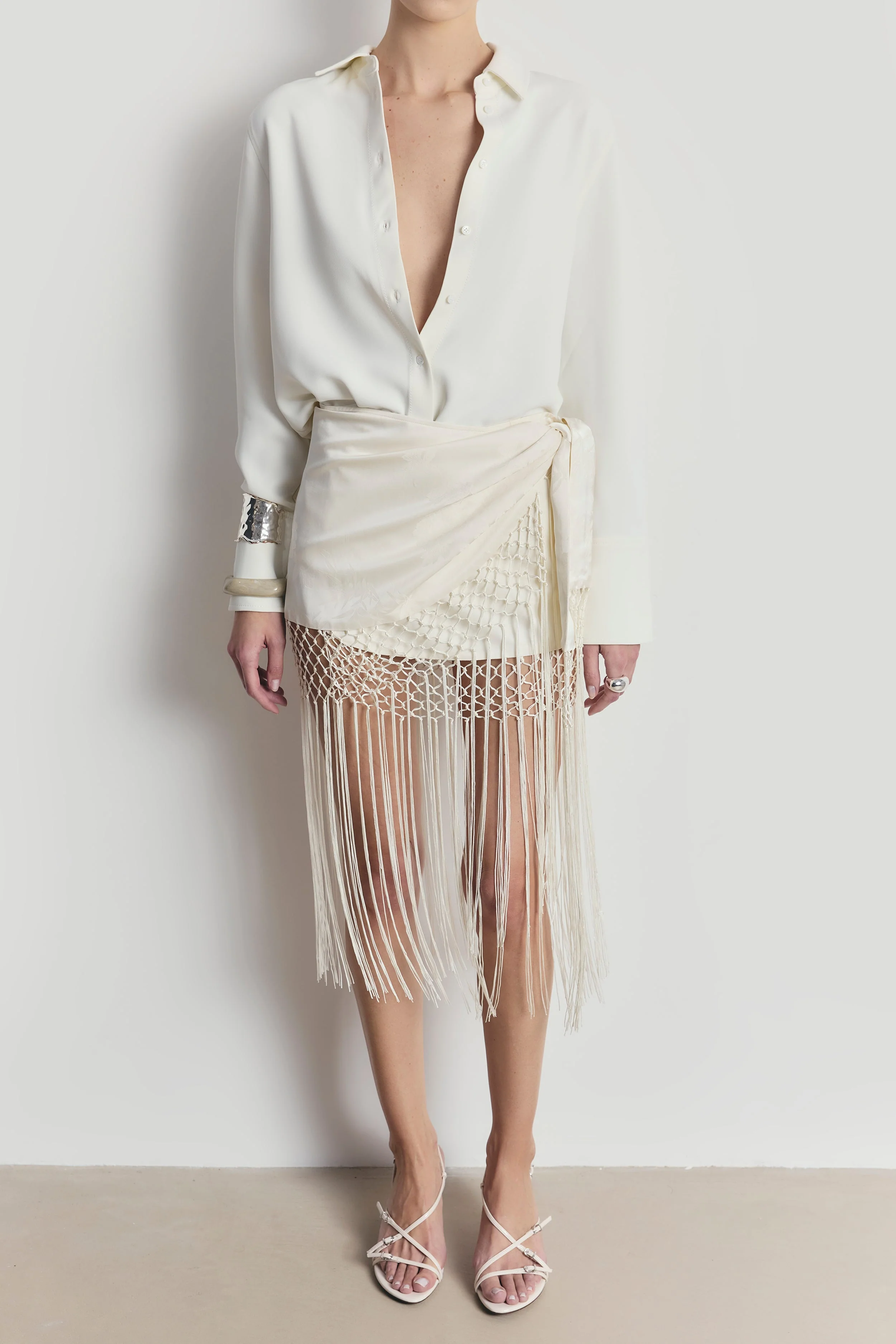 Satin Jacquard Sarong Midi Skirt with Fringing - Cream - Image 4