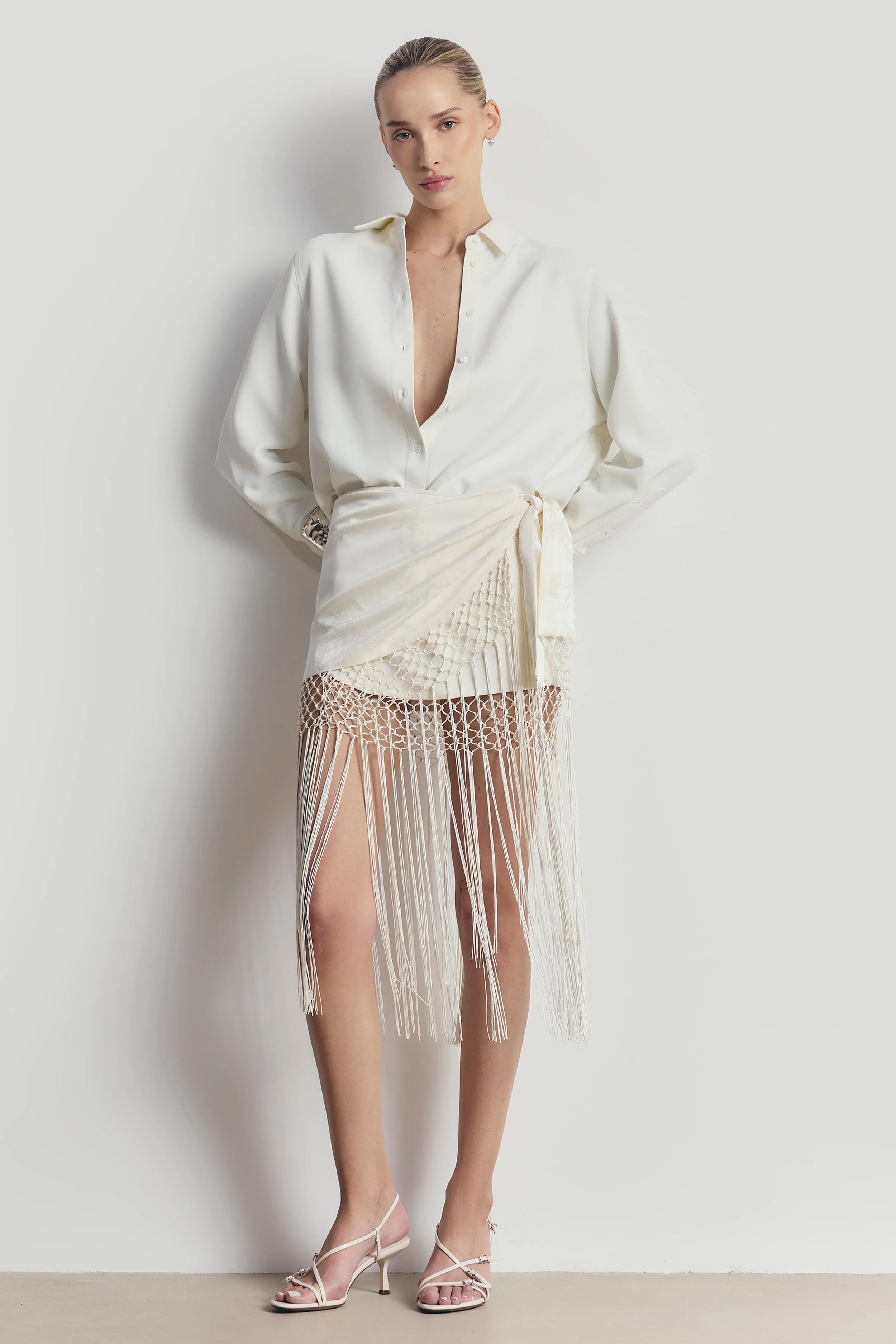 Satin Jacquard Sarong Midi Skirt with Fringing - Cream - Image 5