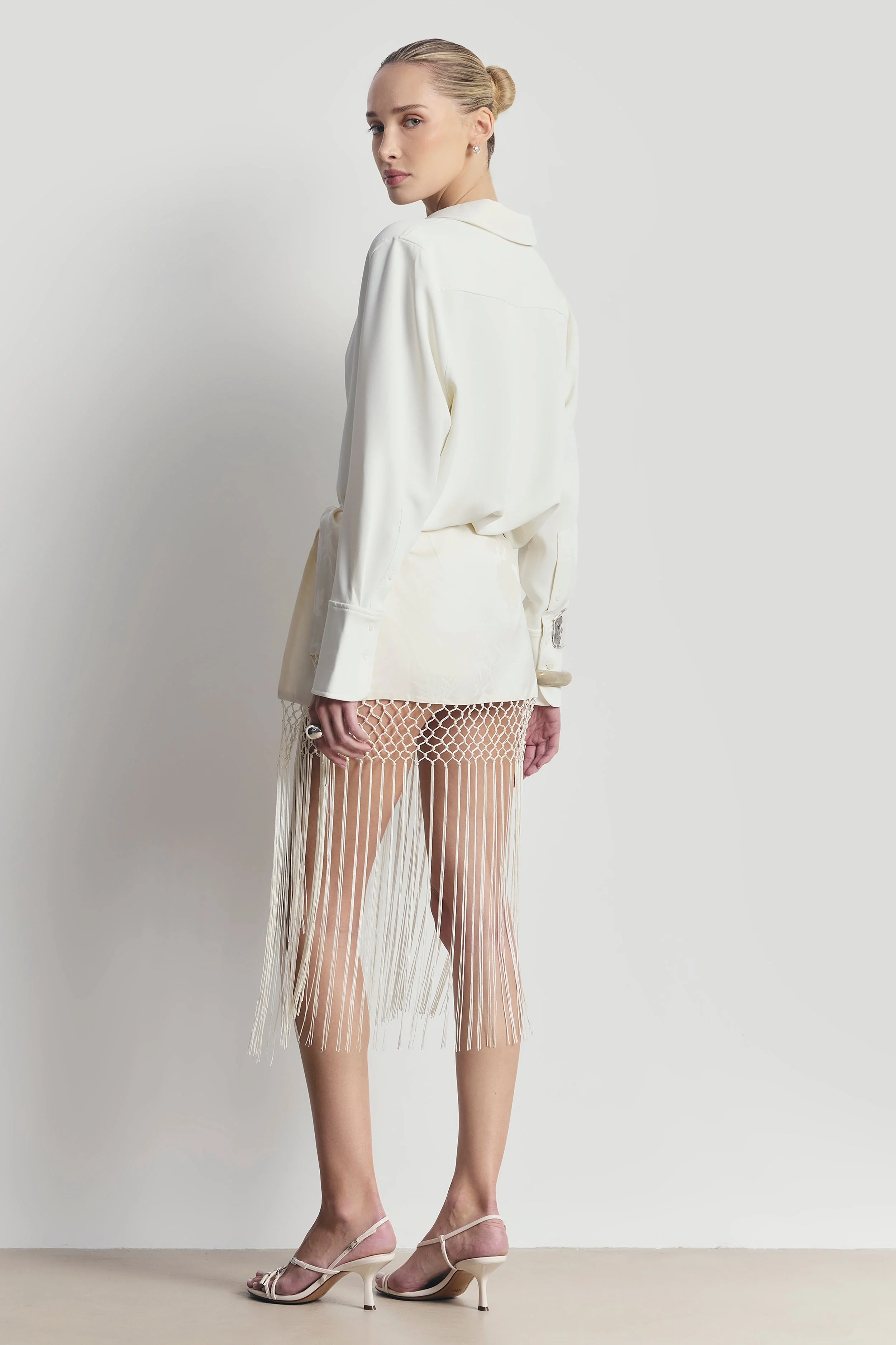 Satin Jacquard Sarong Midi Skirt with Fringing - Cream - Image 6