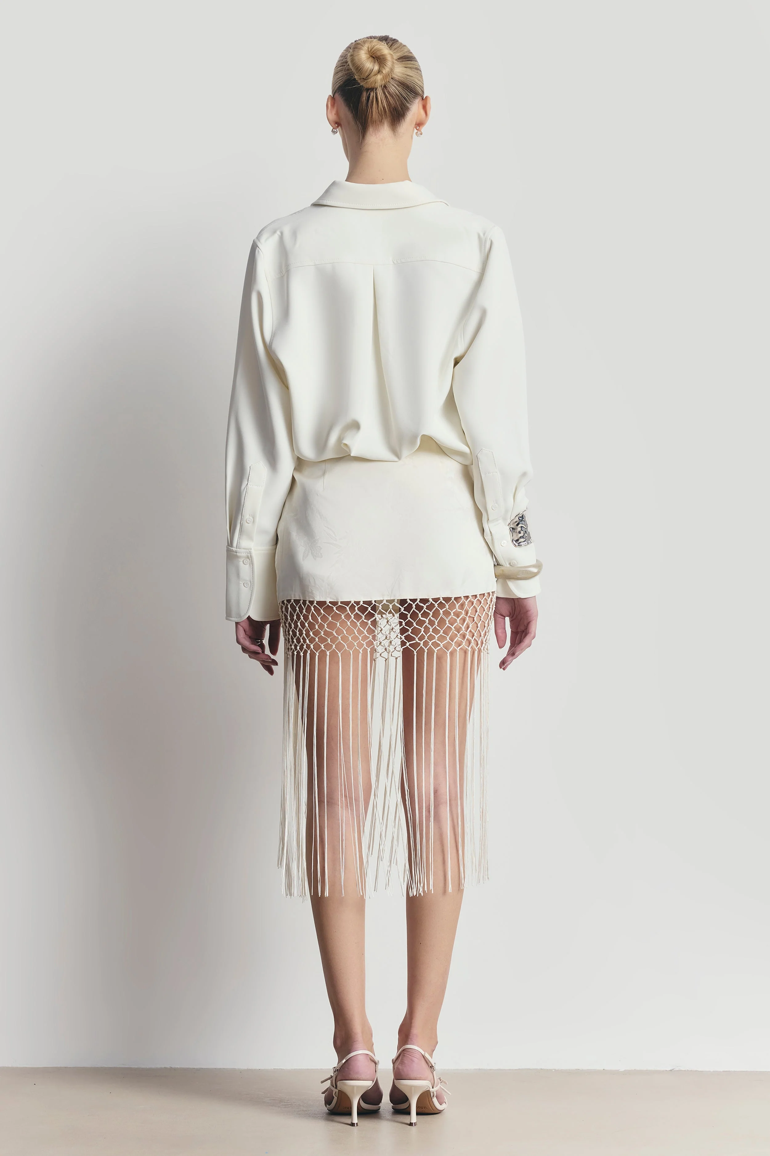 Satin Jacquard Sarong Midi Skirt with Fringing - Cream - Image 7