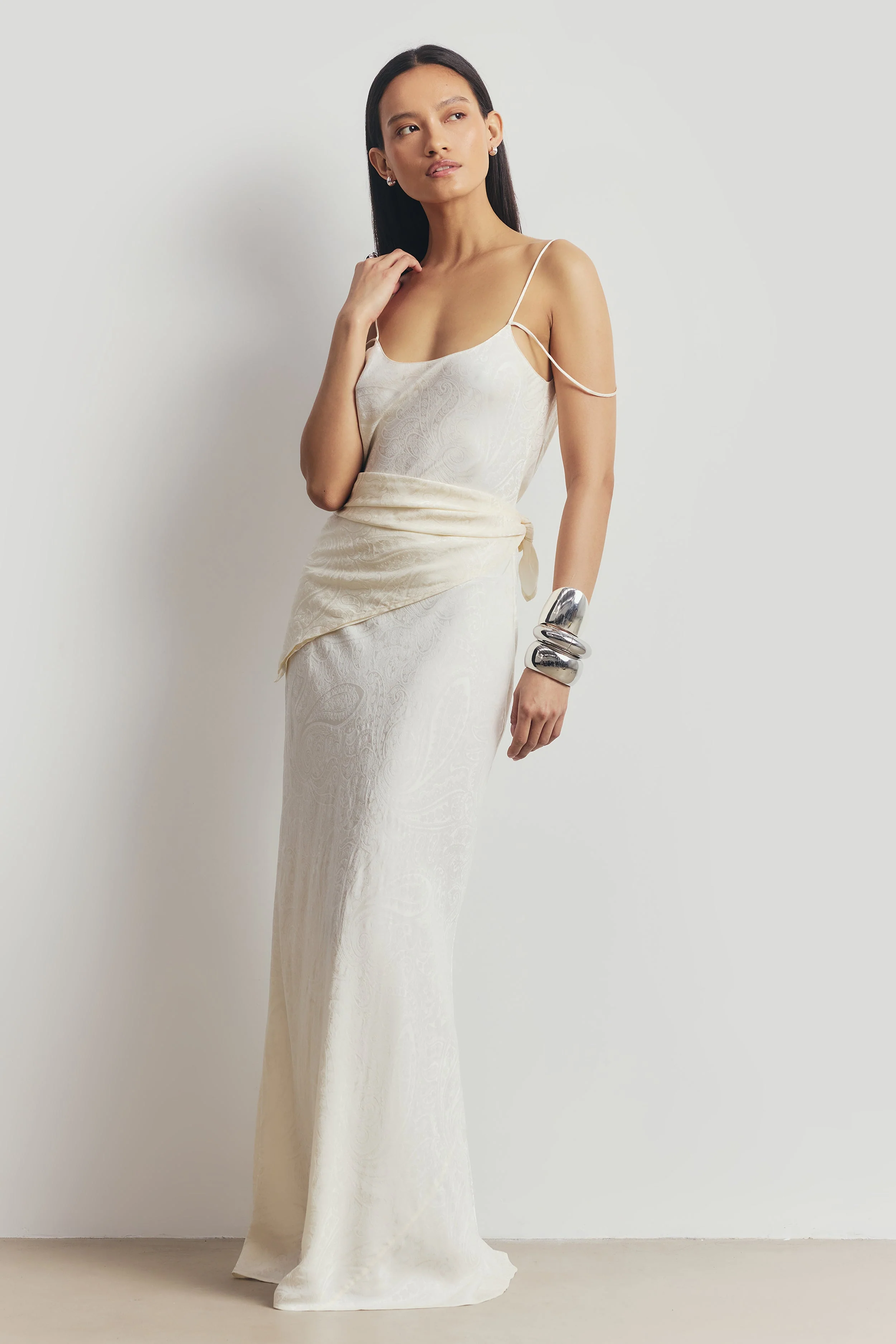 Satin Jacquard Scarf - Cream - Image 5