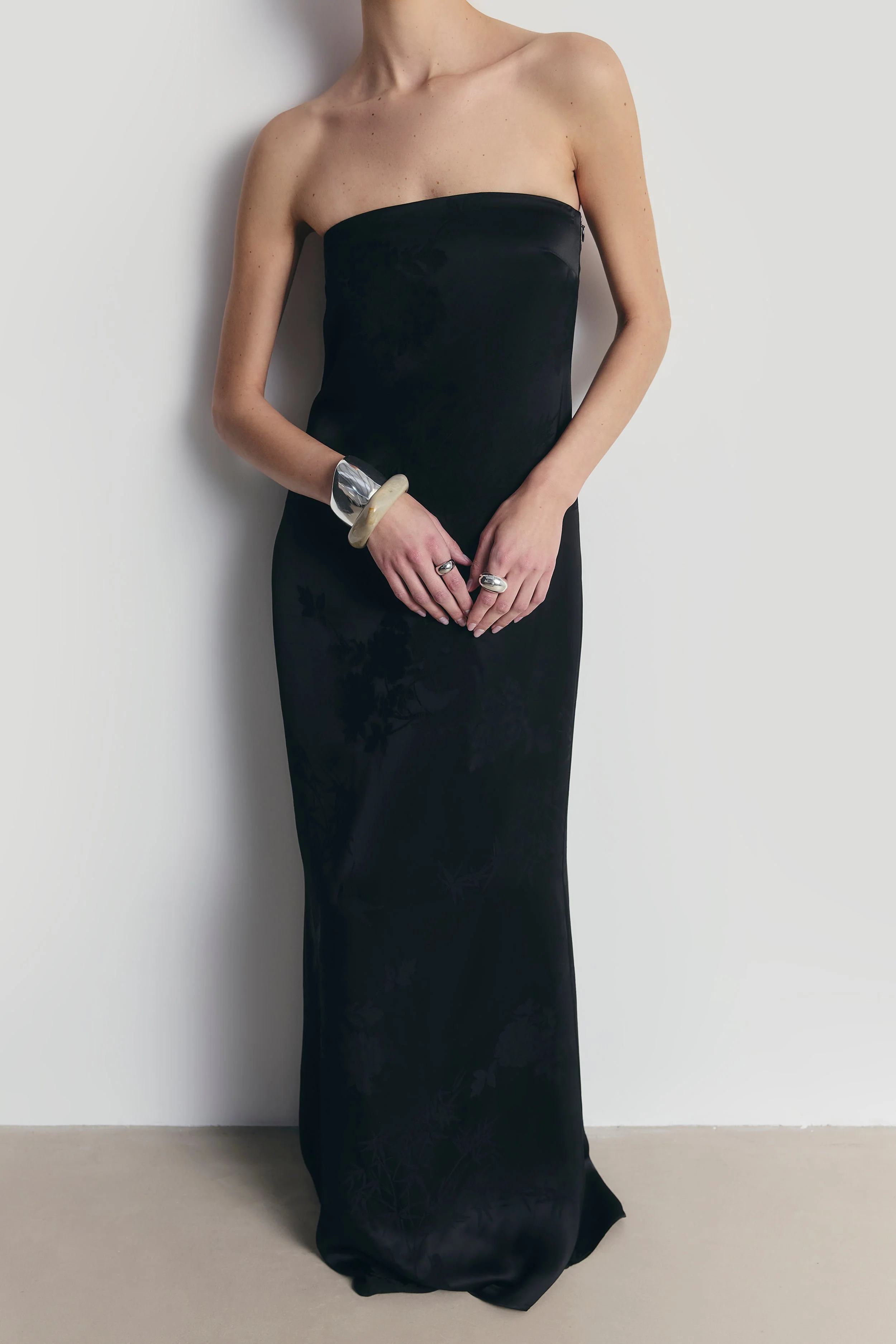 Satin Jacquard Strapless Maxi Dress - Black - Image 3