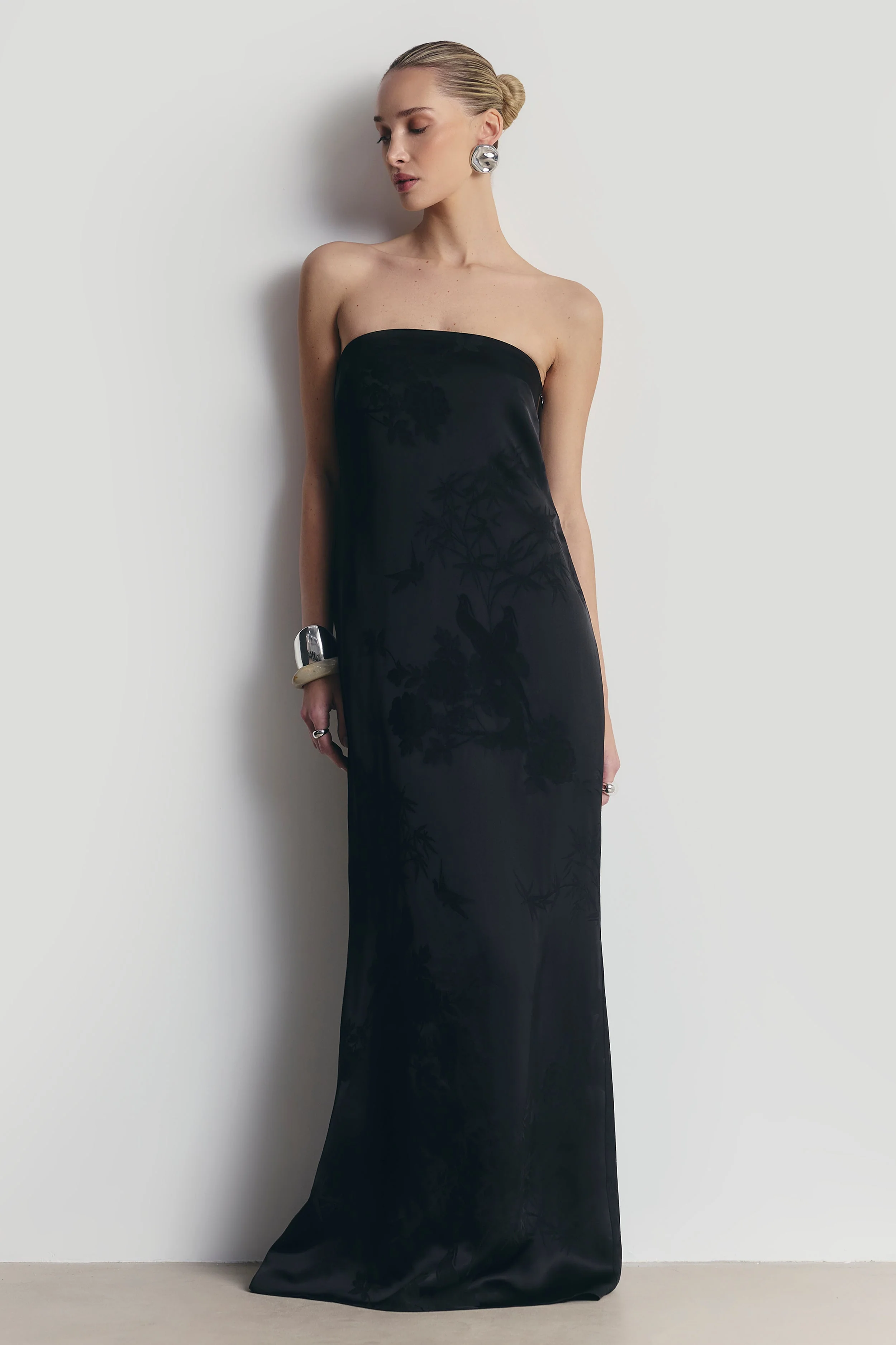 Satin Jacquard Strapless Maxi Dress - Black - Image 6