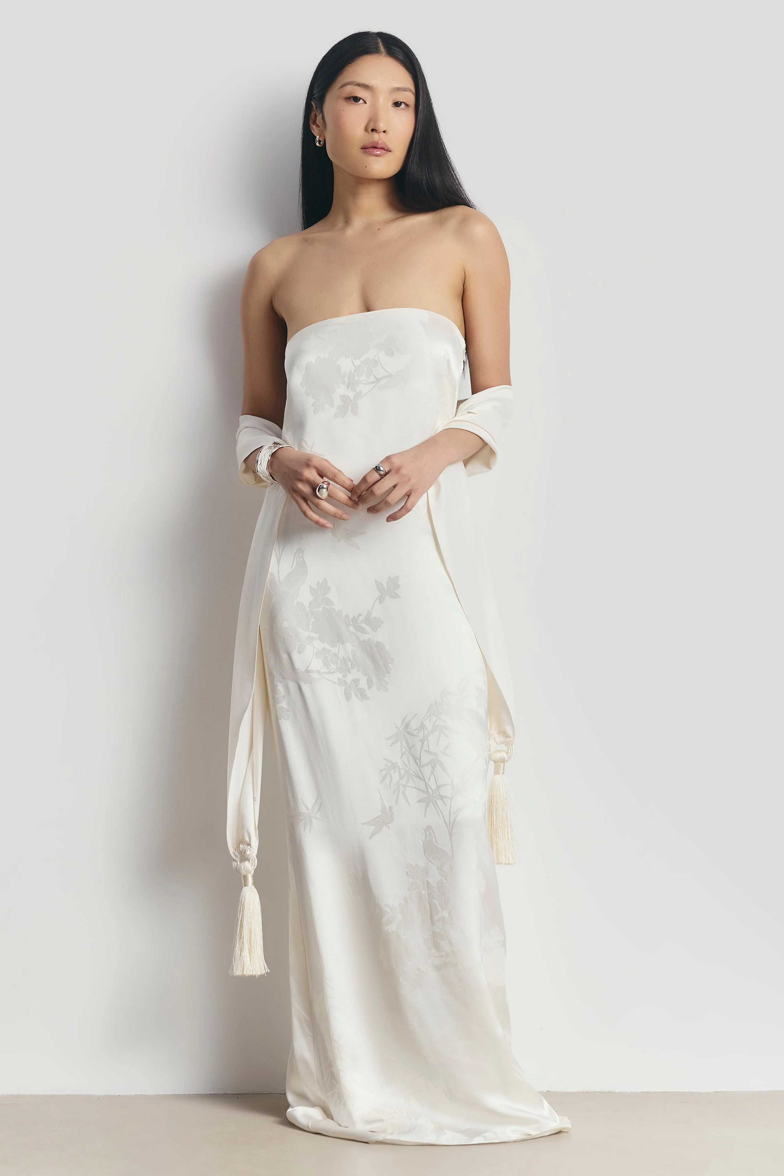 Satin Jacquard Strapless Maxi Dress - Cream - Image 3