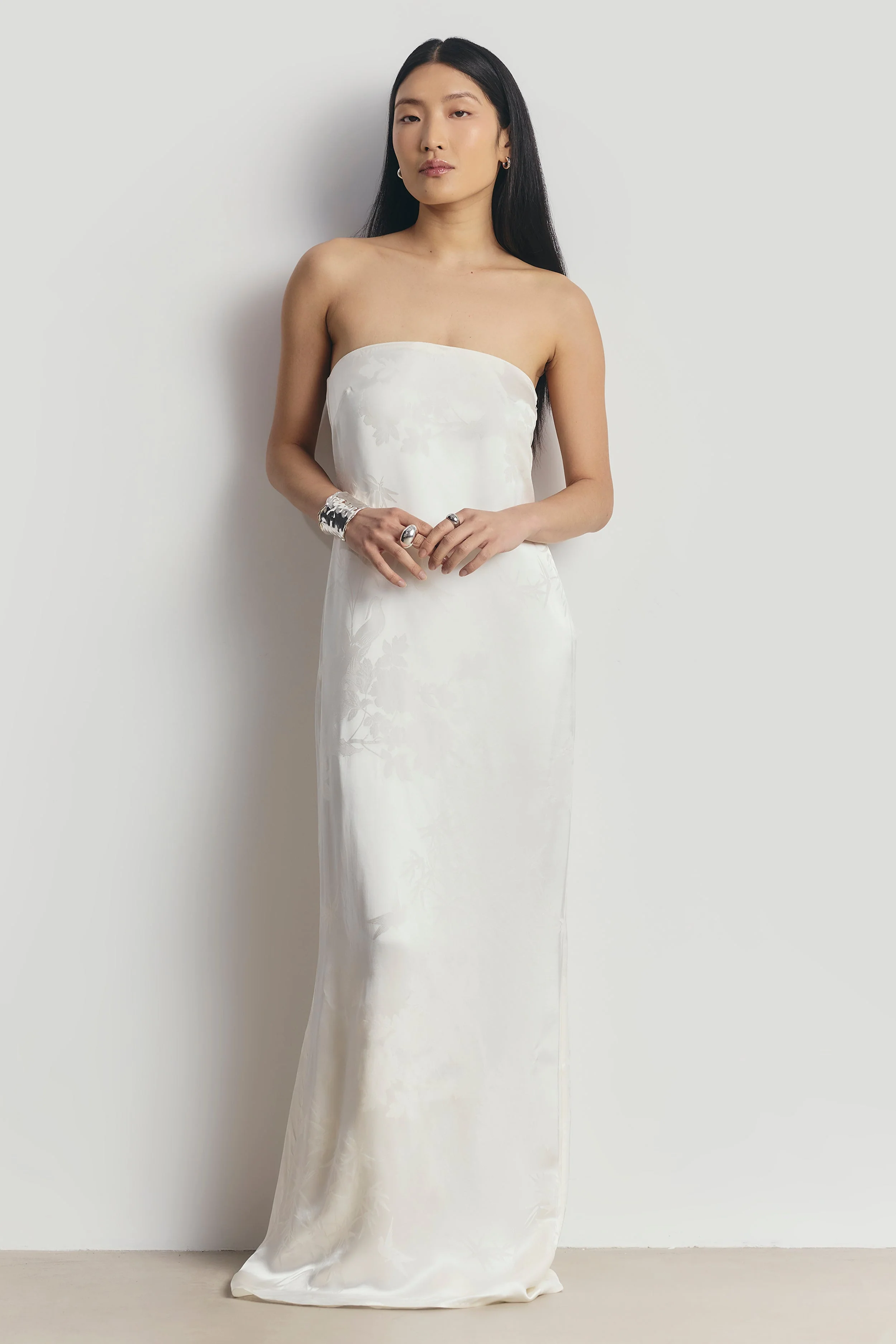Satin Jacquard Strapless Maxi Dress - Cream - Image 6