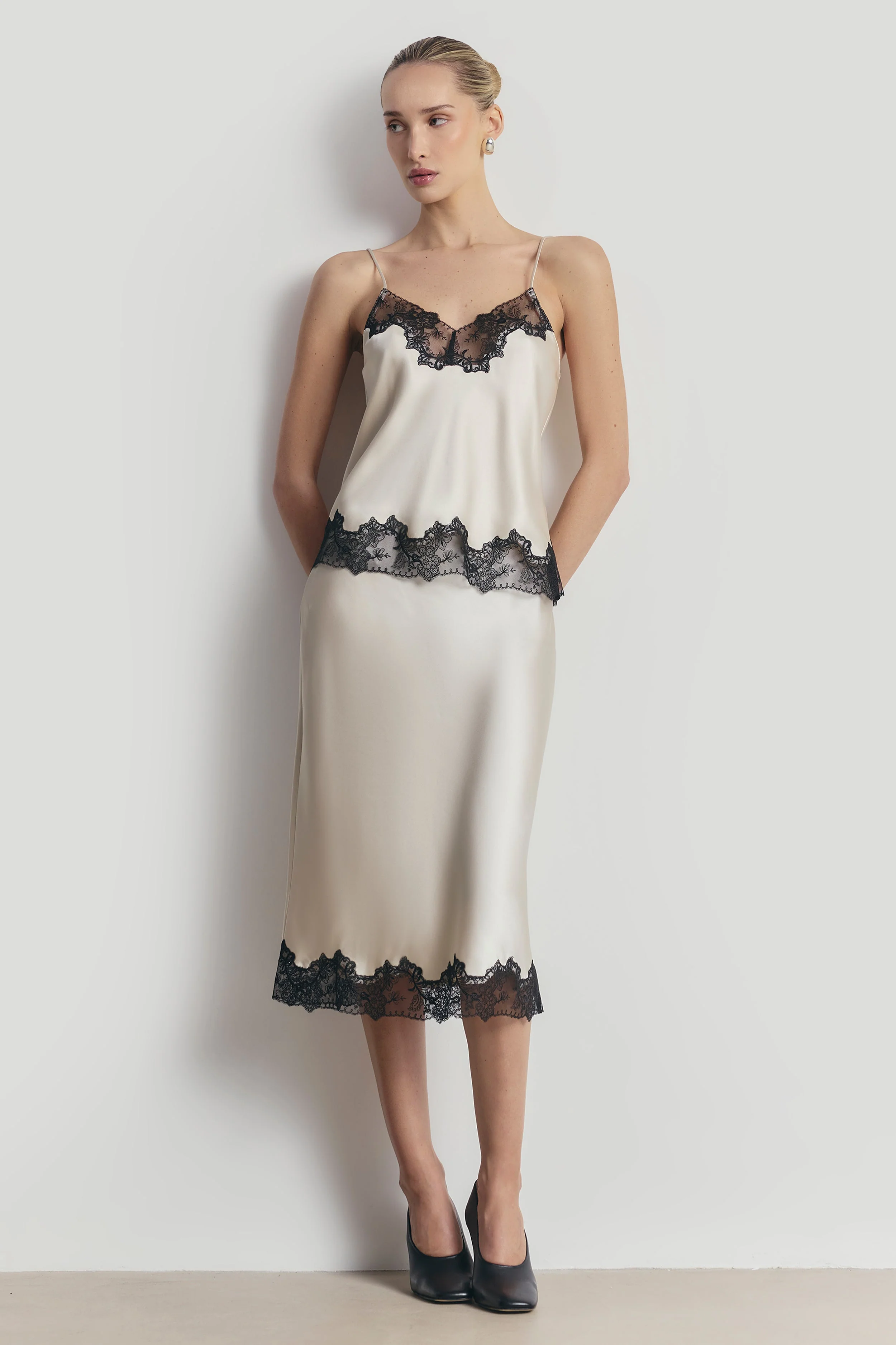 Satin Lace Detail Camisole - Champagne/Black - Image 4