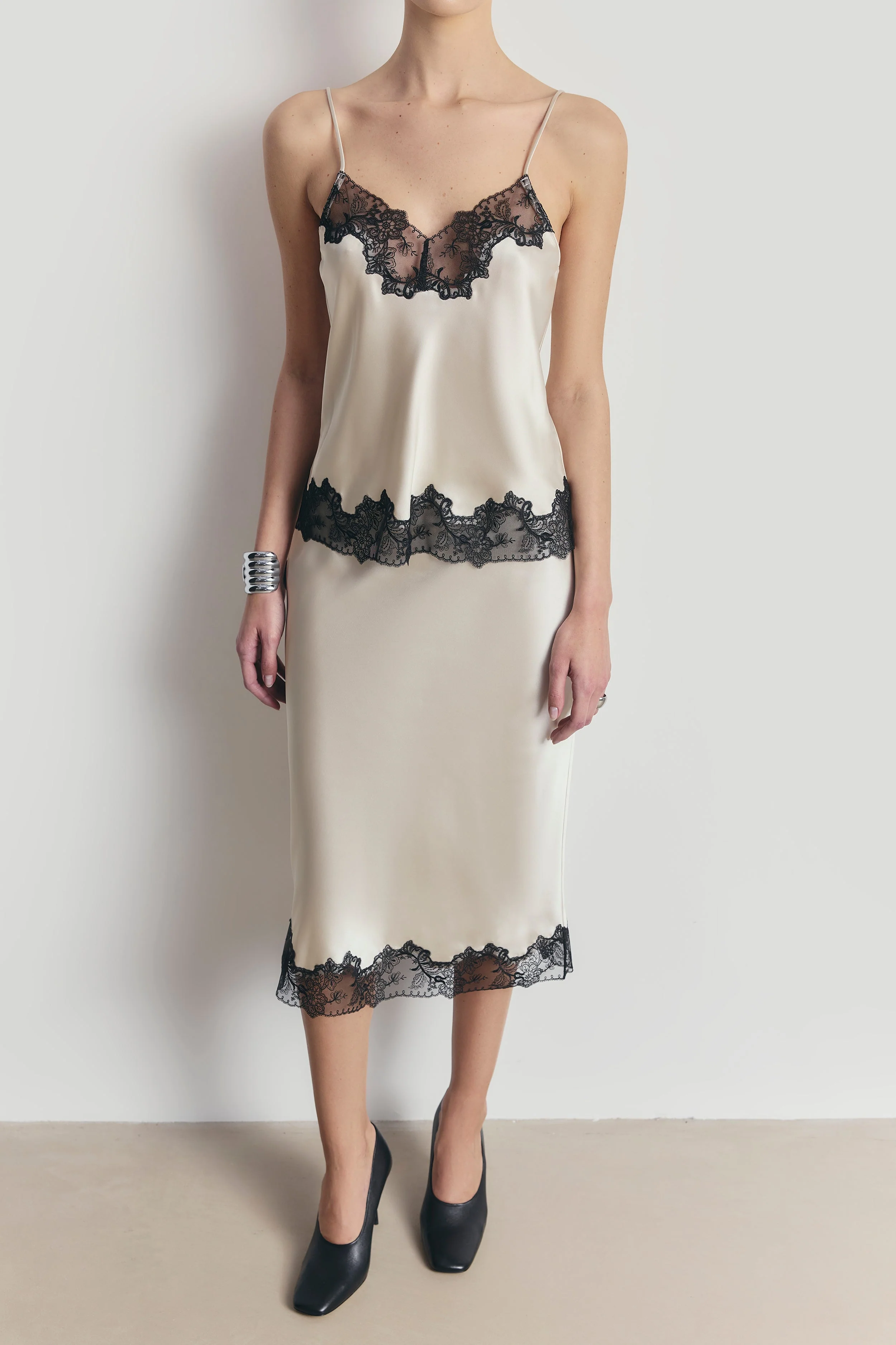 Satin Lace Detail Camisole - Champagne/Black - Image 6