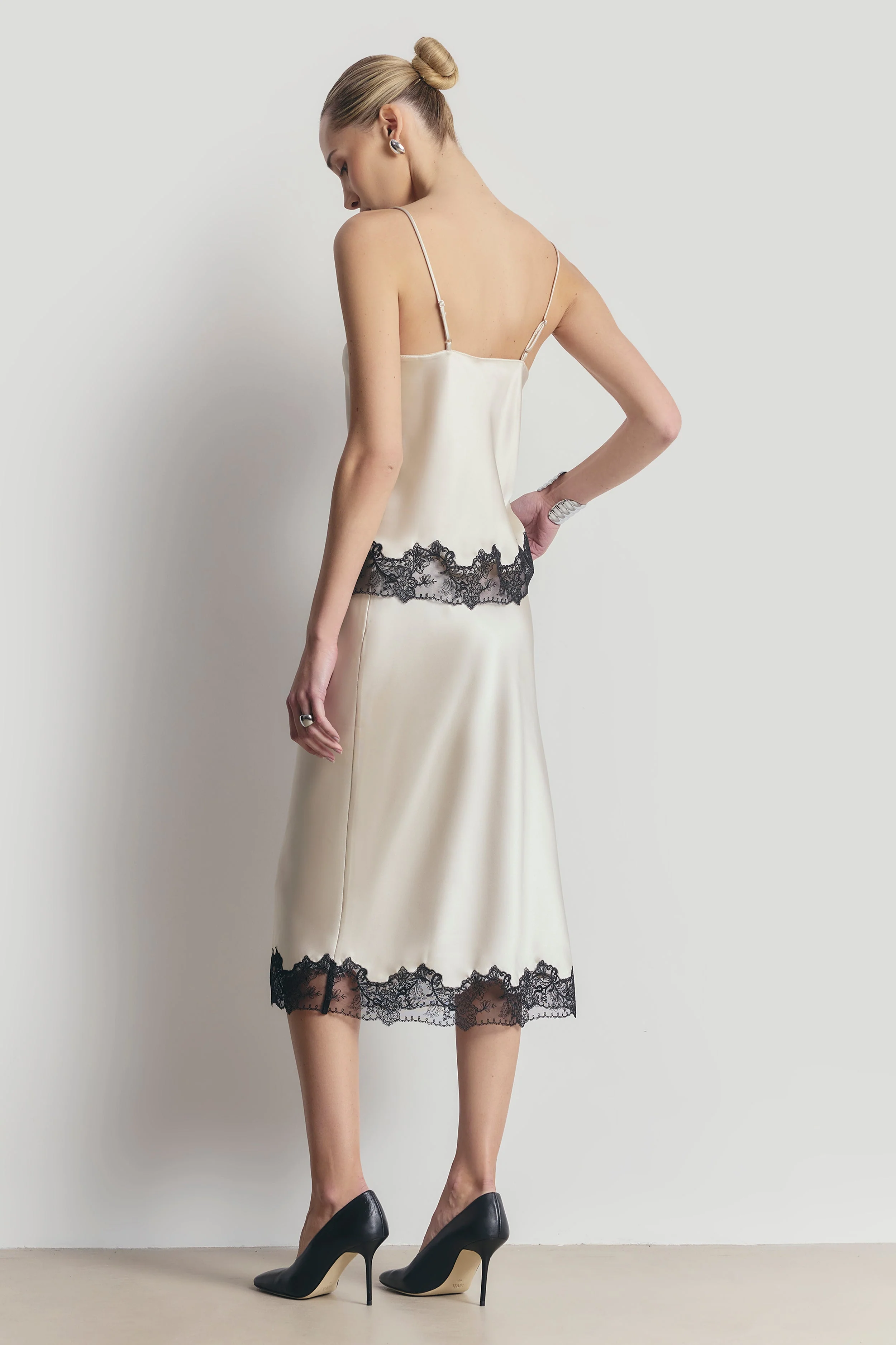 Satin Lace Detail Camisole - Champagne/Black - Image 8