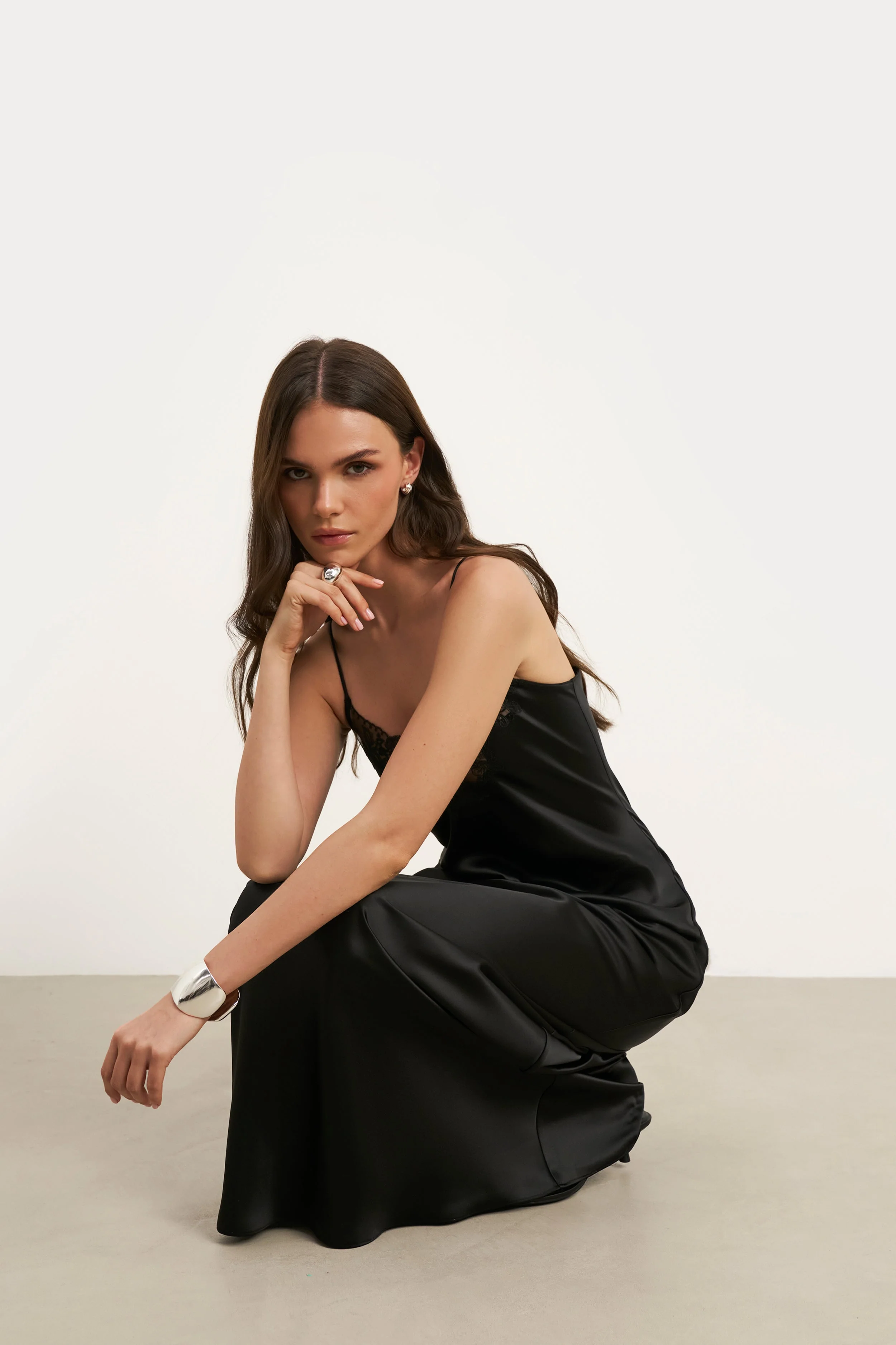 Satin Lace Detail Camisole Maxi Dress - Black - Image 6