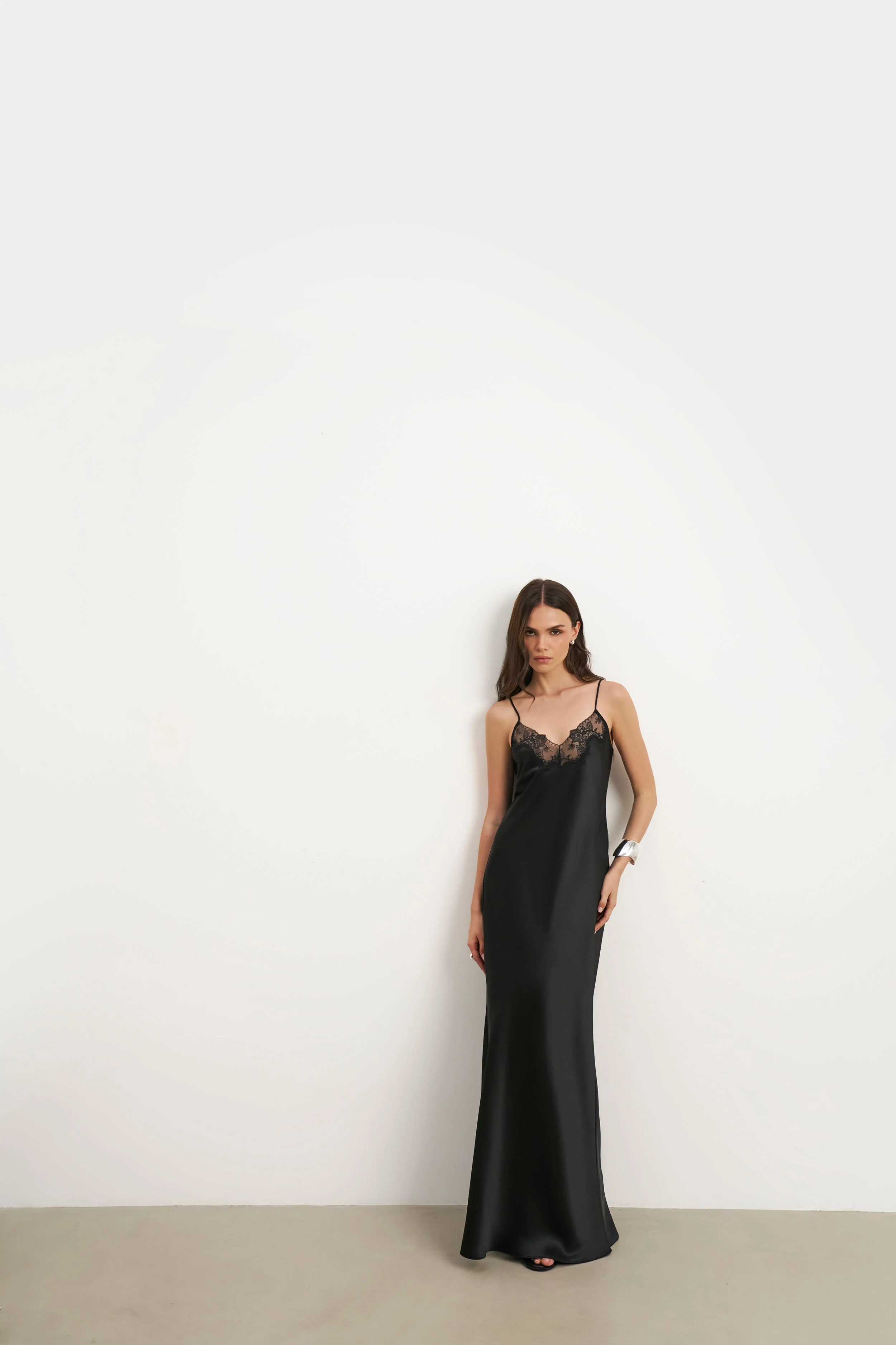 Satin Lace Detail Camisole Maxi Dress - Black - Image 7