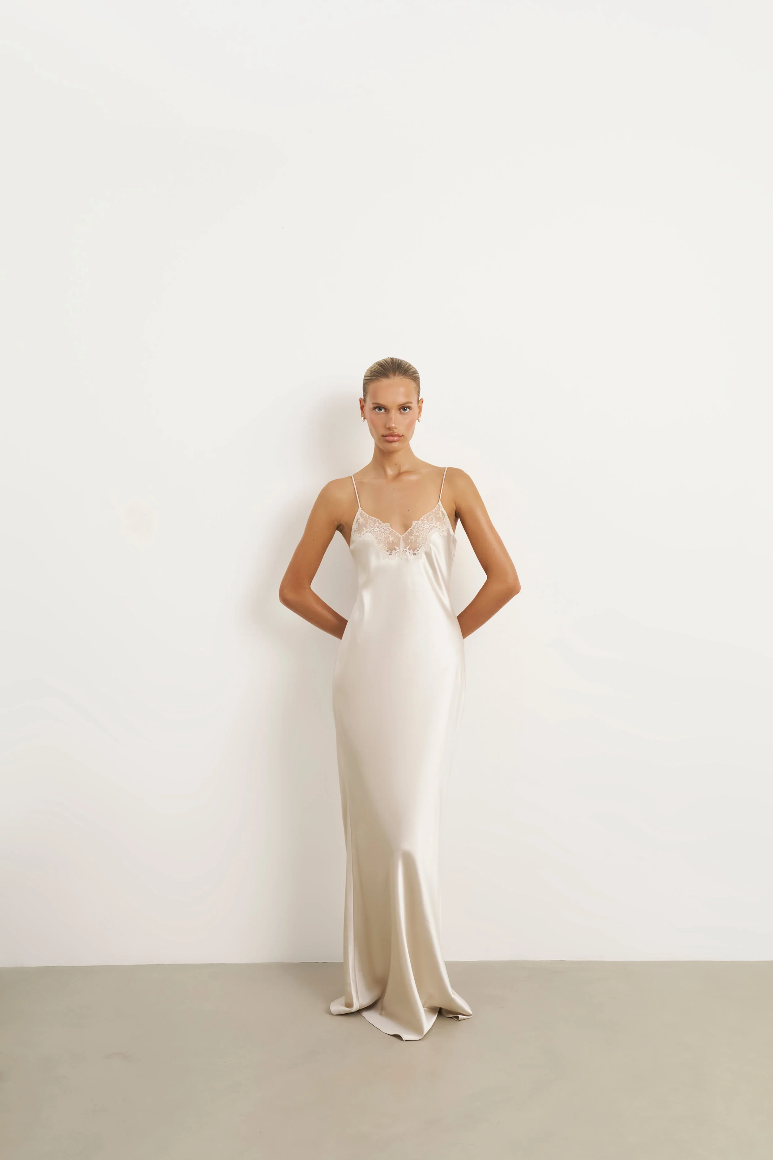 Satin Lace Detail Camisole Maxi Dress - Champagne - Image 7