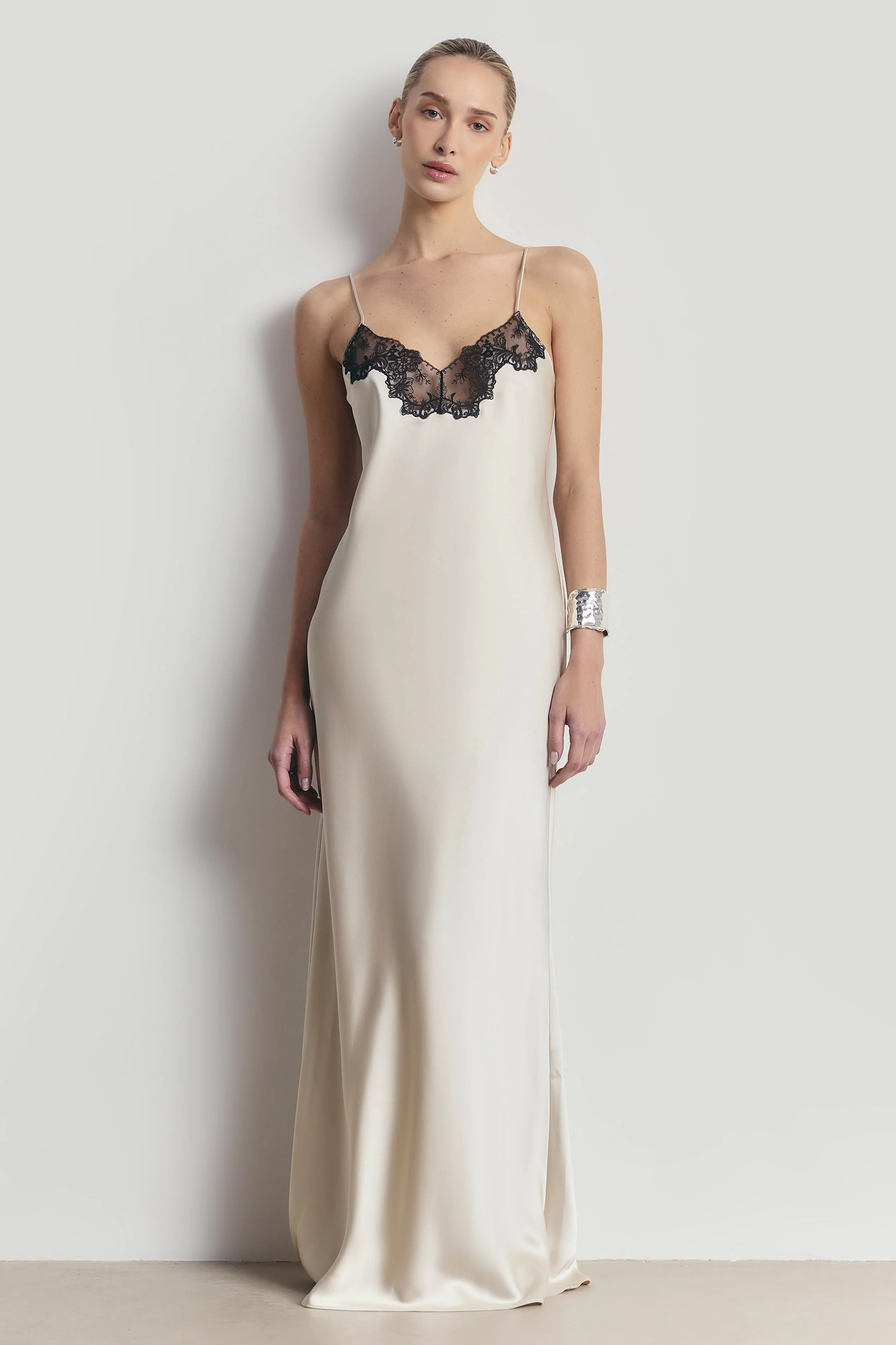 Satin Lace Detail Camisole Maxi Dress - Champagne/Black - Image 4
