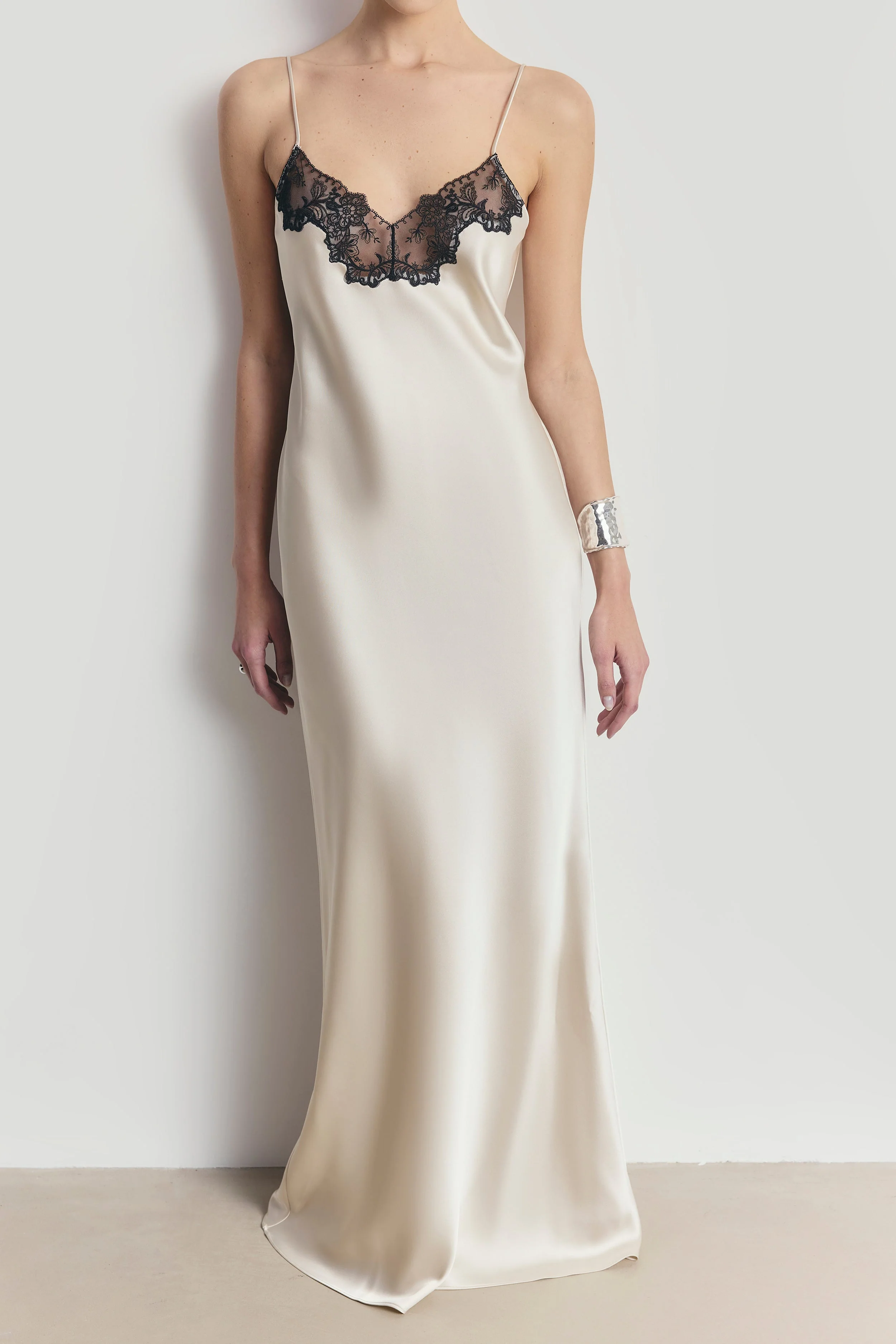 Satin Lace Detail Camisole Maxi Dress - Champagne/Black - Image 5