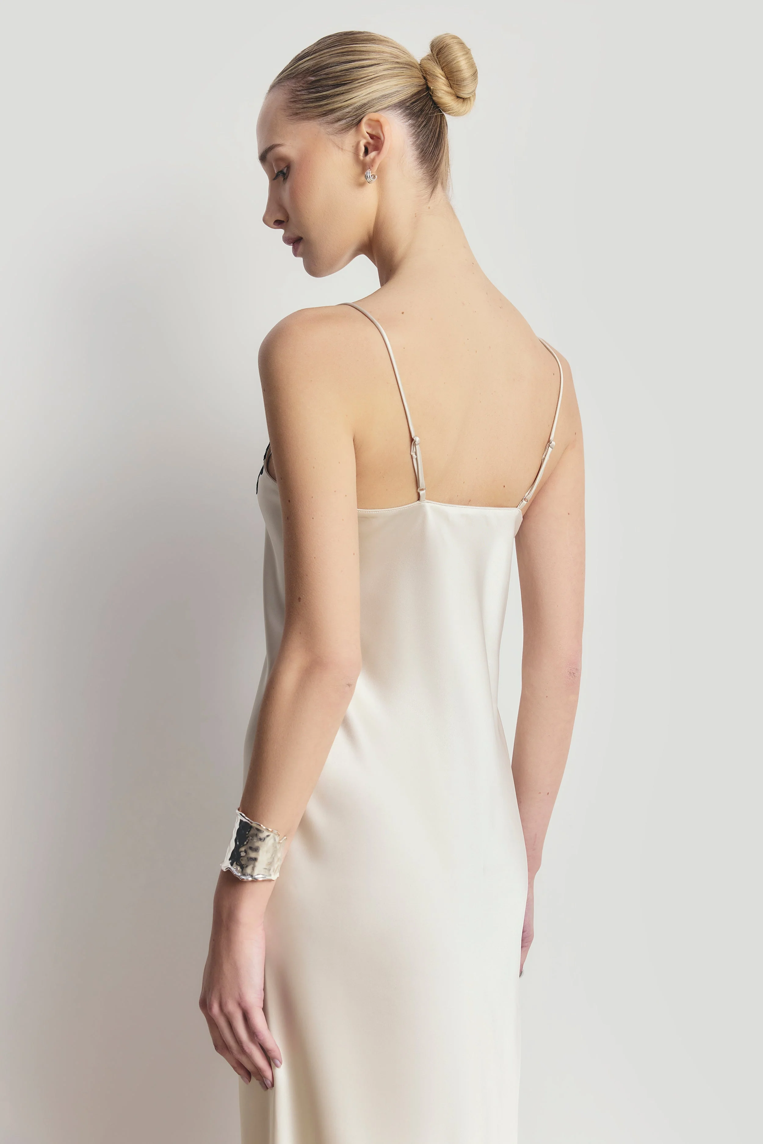Satin Lace Detail Camisole Maxi Dress - Champagne/Black - Image 6