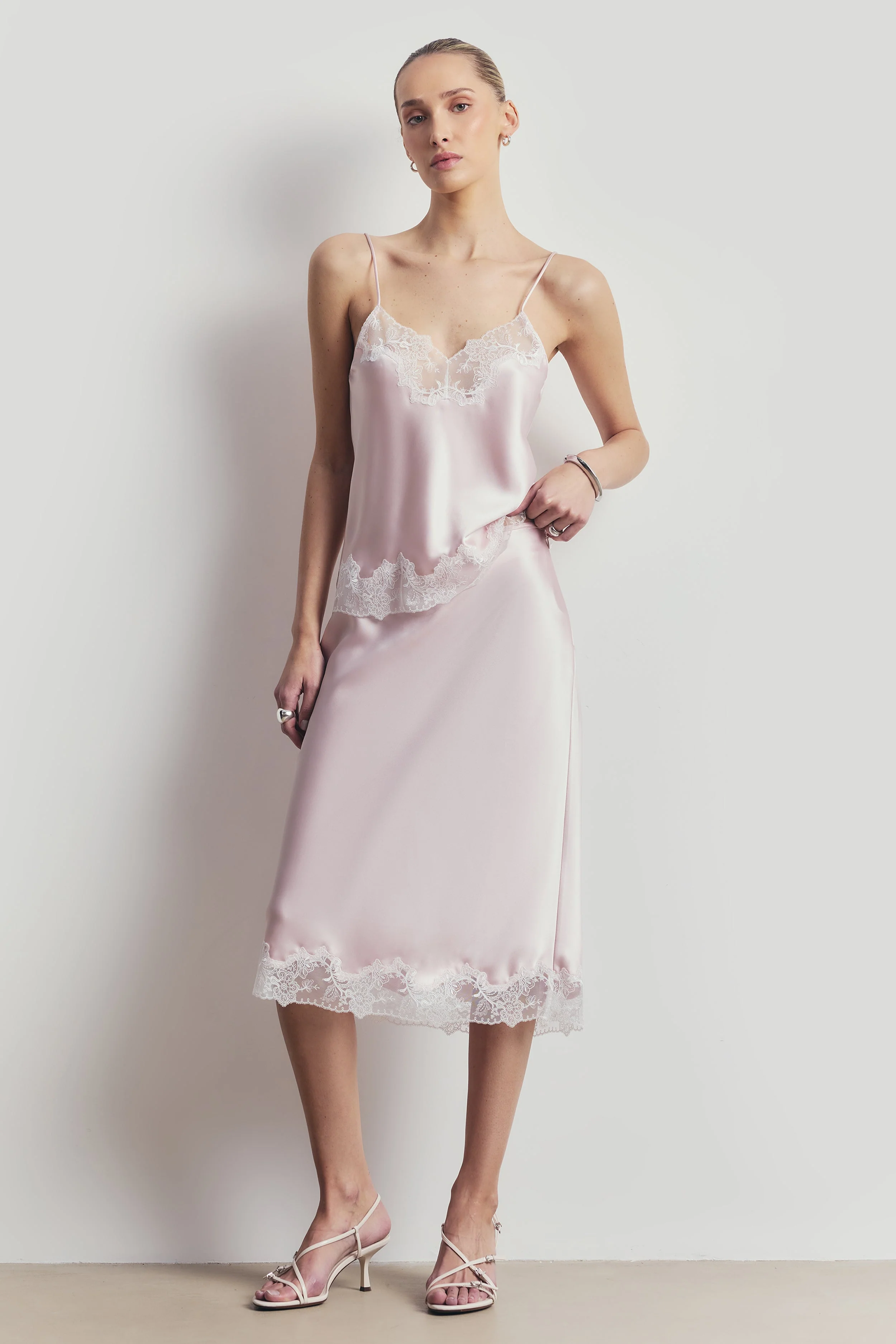 Satin Lace Detail Midi Skirt - Blush/White - Image 6