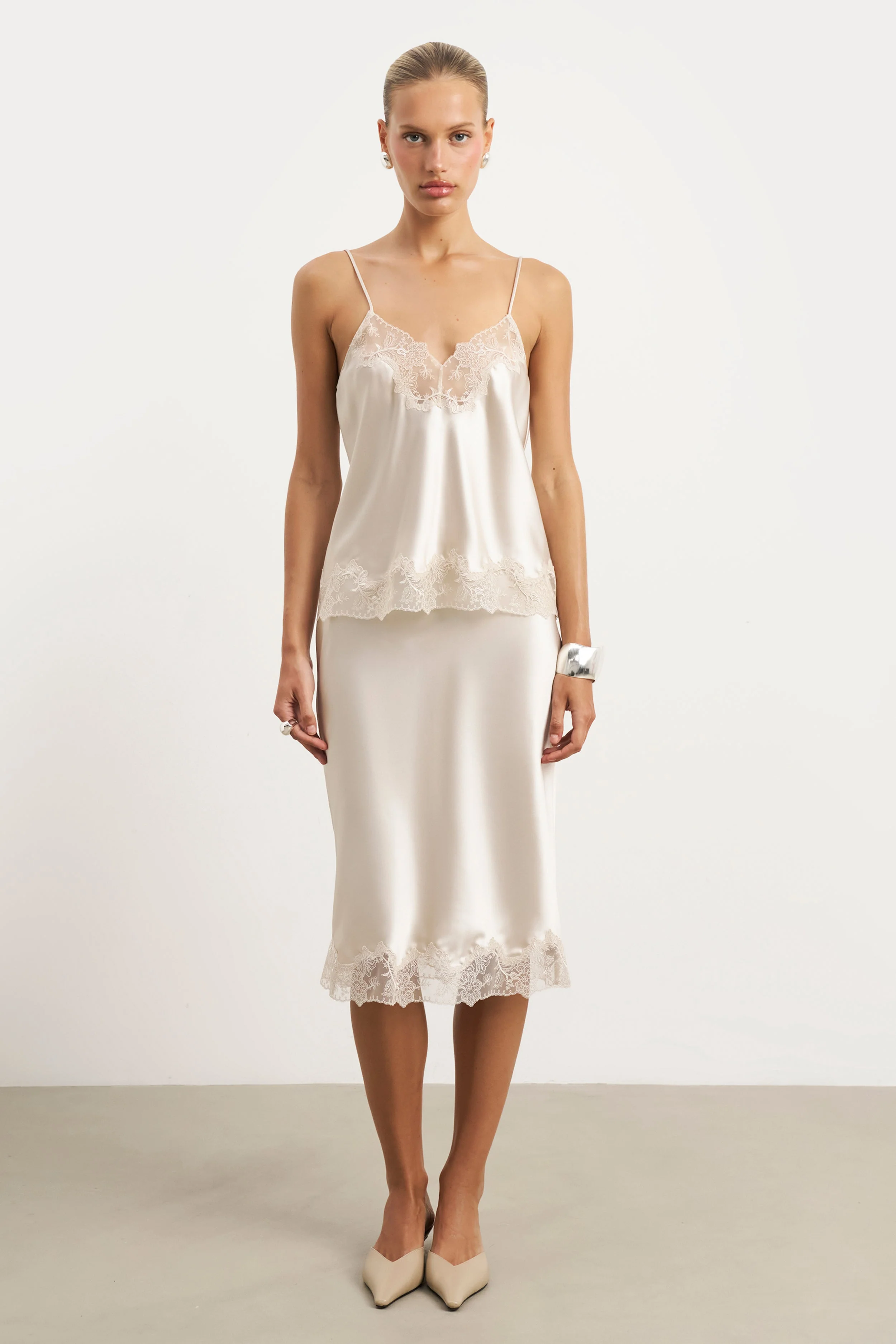 Satin Lace Detail Midi Skirt - Champagne - Image 3