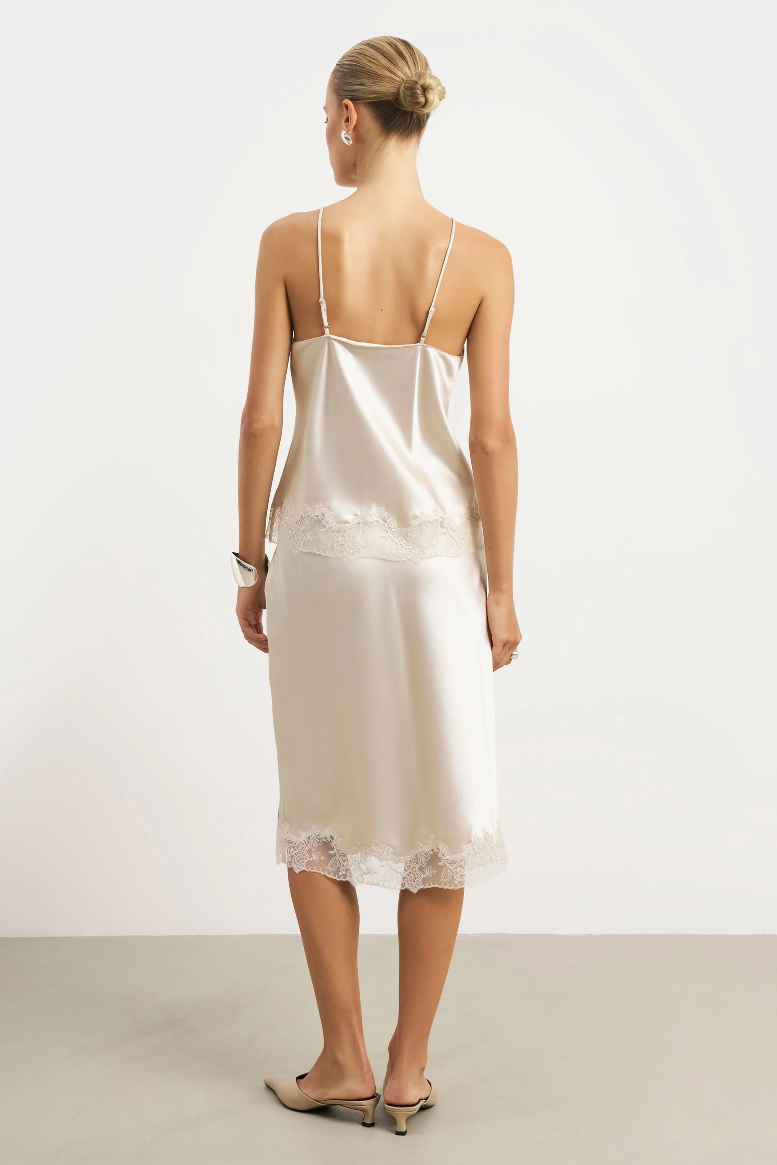 Satin Lace Detail Midi Skirt - Champagne - Image 8