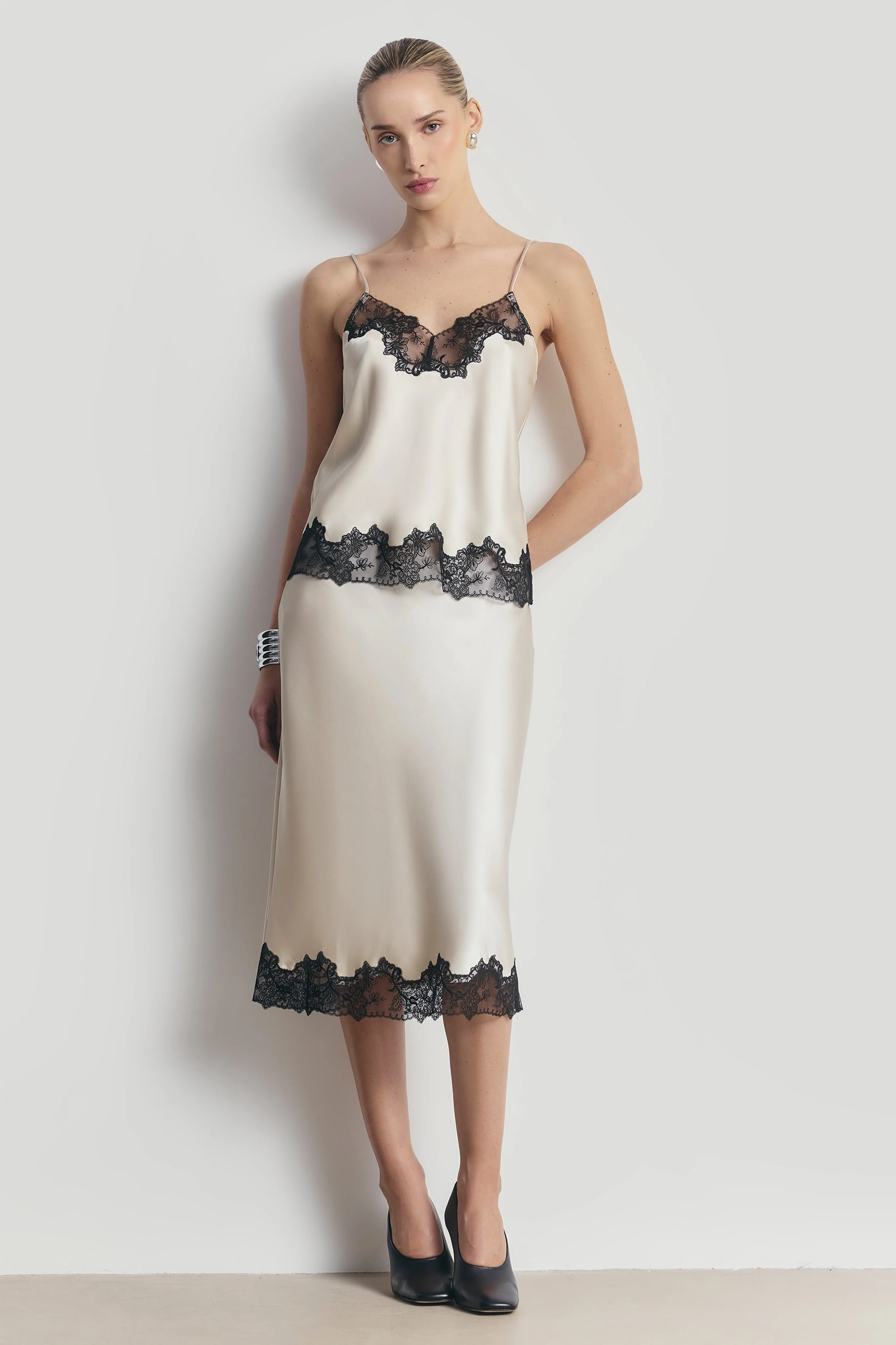 Satin Lace Detail Midi Skirt - Champagne/Black - Image 3